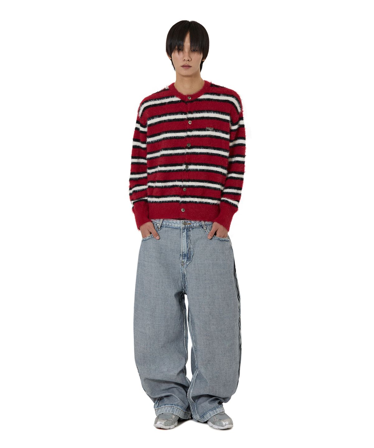 오픈야드(오와이)(OPENYARD(OY)) HAIRY STRIPE KNIT CARDIGAN - RED