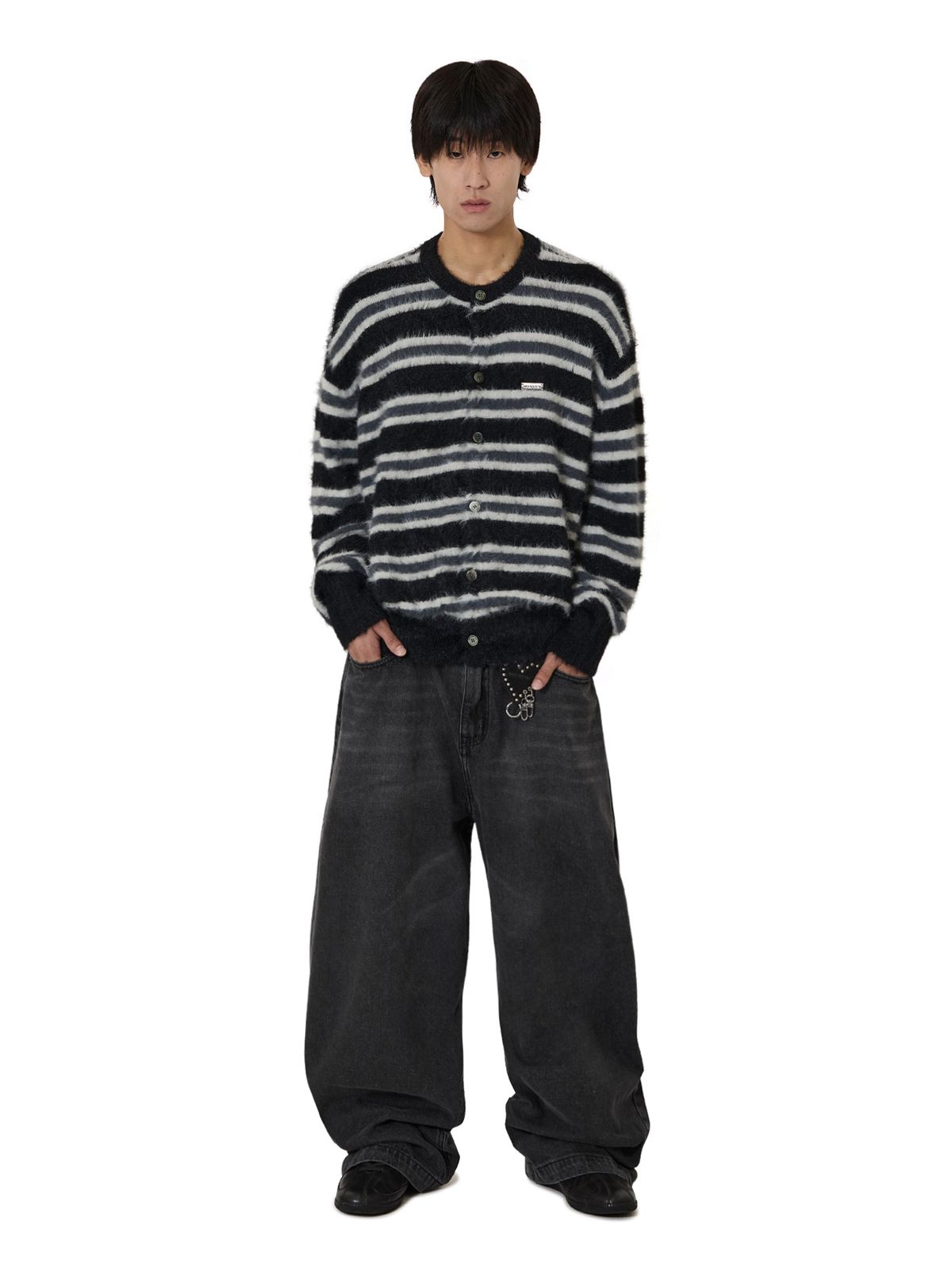 오픈야드(오와이)(OPENYARD(OY)) HAIRY STRIPE KNIT CARDIGAN - BLACK