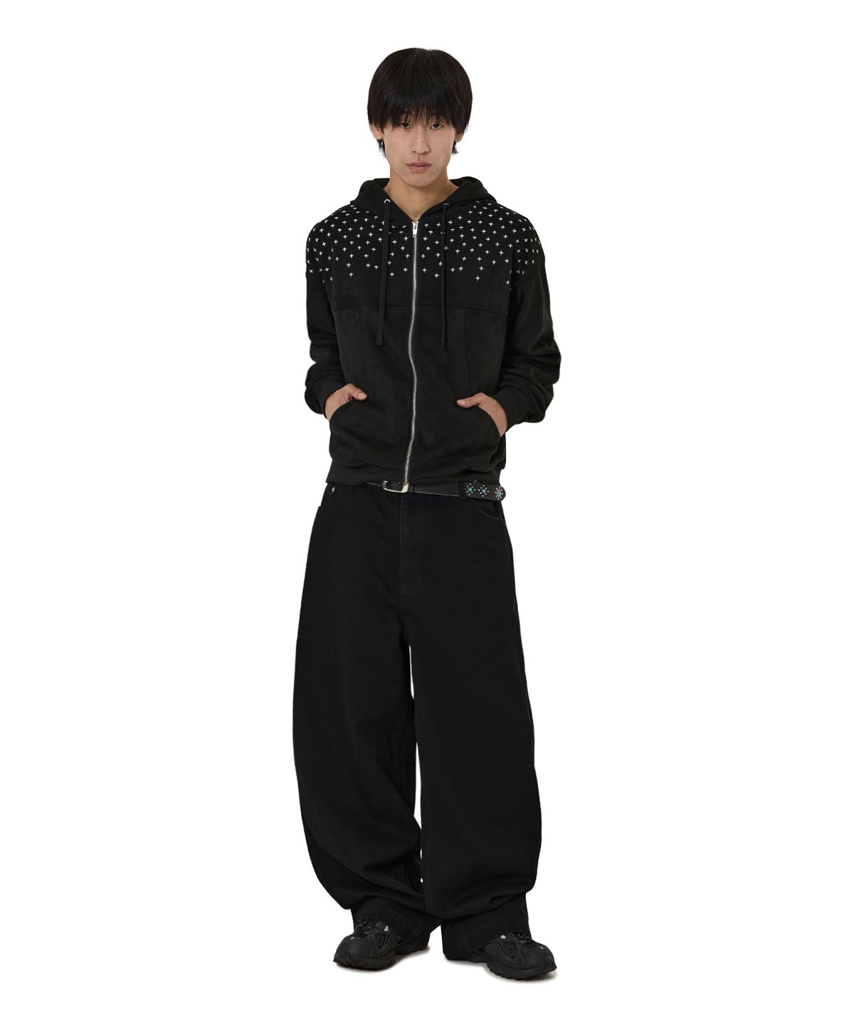 오픈야드(오와이)(OPENYARD(OY)) SPRINKLE EMBROIDERY FAUX SUEDE HOODED JACKET - BLACK
