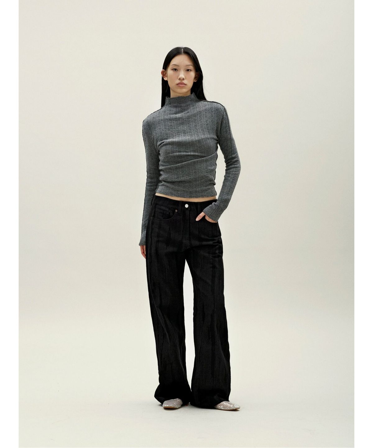 앙개(ANGGAE) Jacquard Wide Pants  Navy