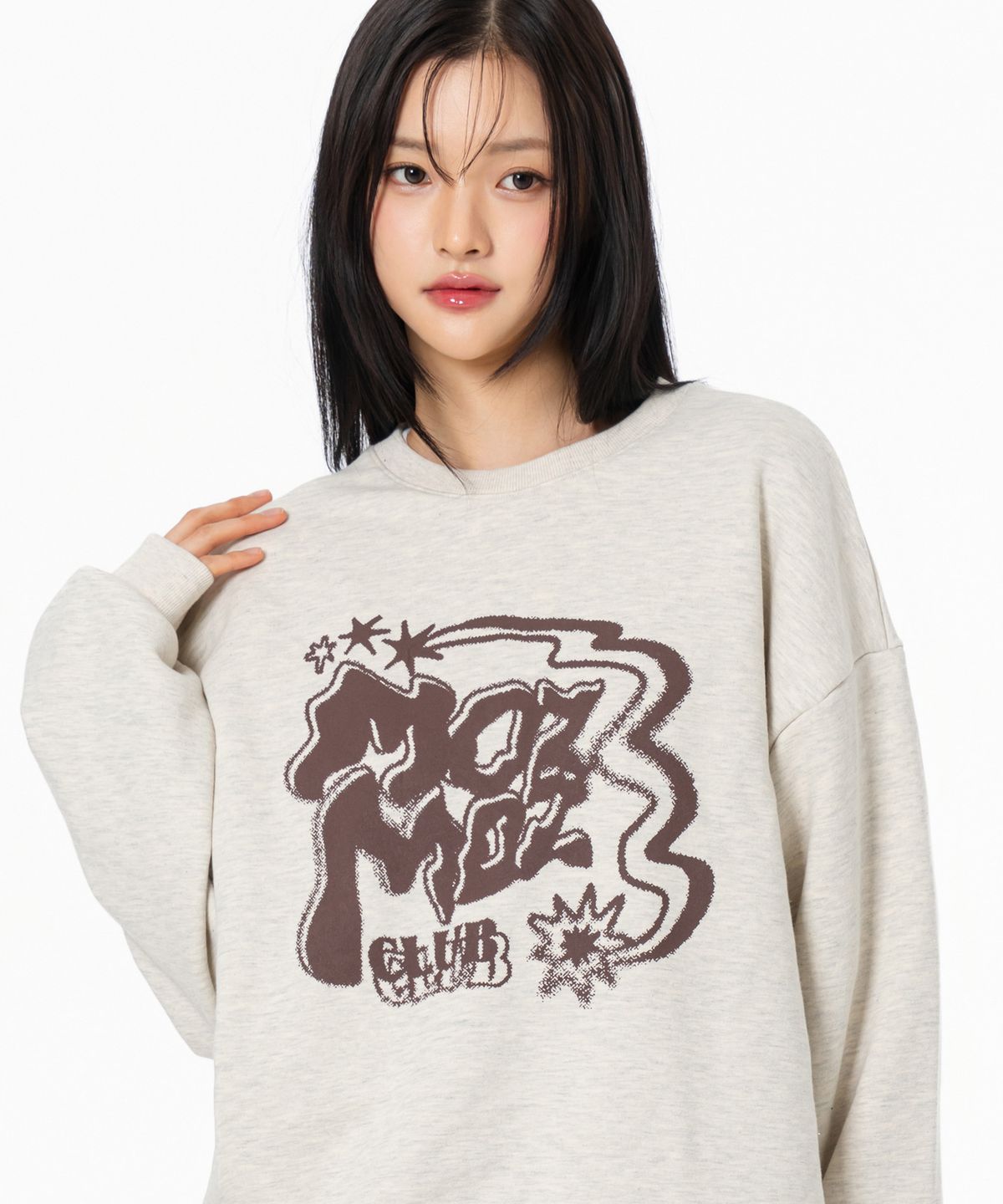 모즈모즈(MOZMOZ) 트윙클 그래픽 오버핏 맨투맨 오트밀