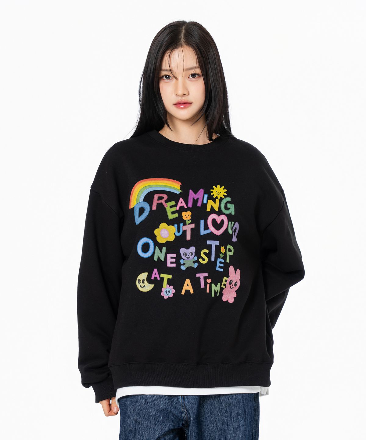 모즈모즈(MOZMOZ) 드리밍아웃 그래픽 오버핏 맨투맨 블랙