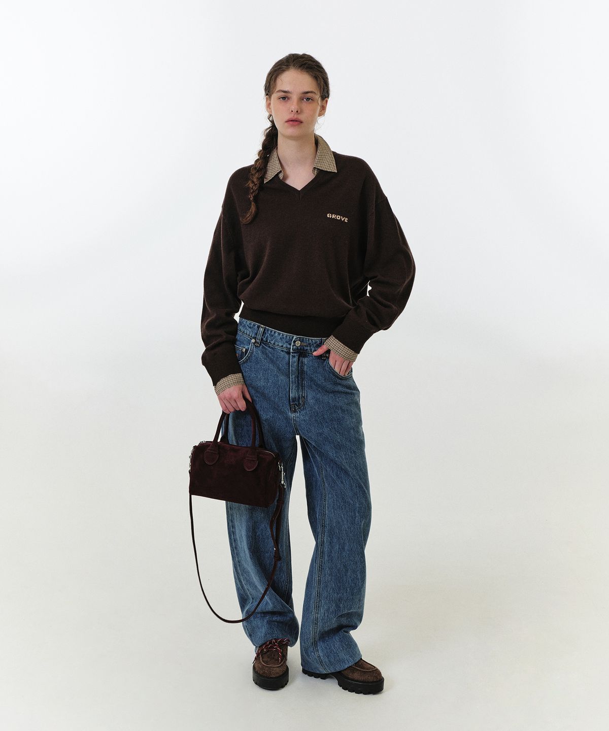 그로브(GROVE) EVIE CHECK COLLAR KNIT (BROWN CHECK)