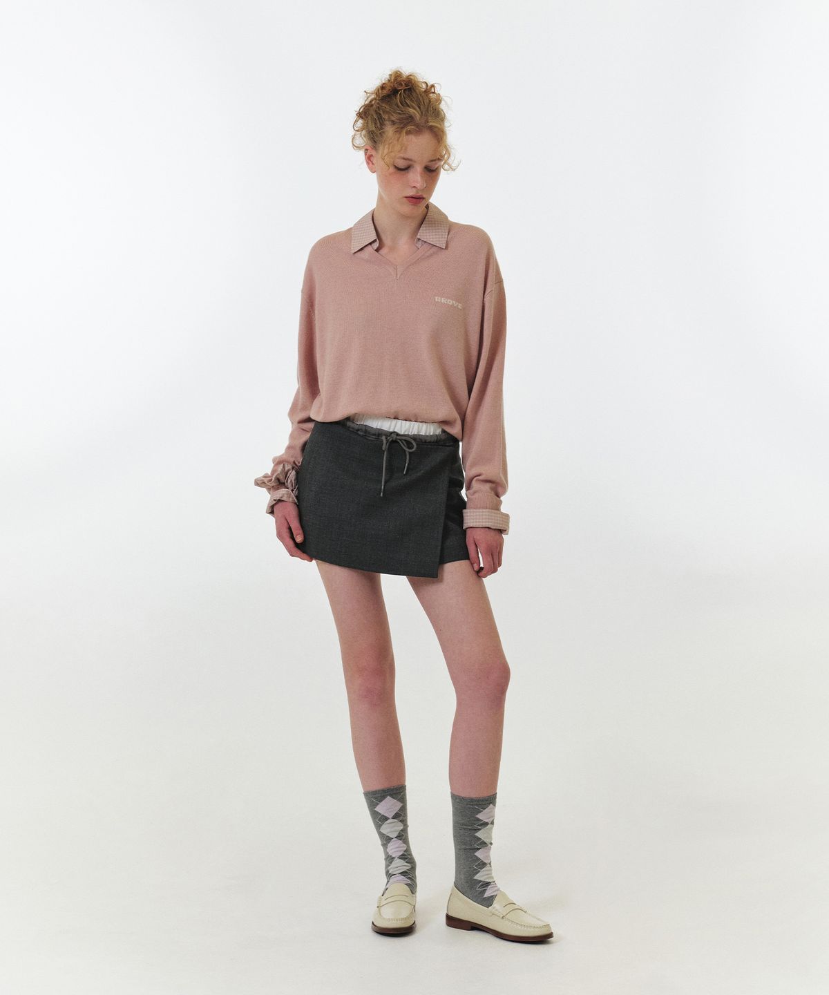 그로브(GROVE) EVIE CHECK COLLAR KNIT (PINK CHECK)