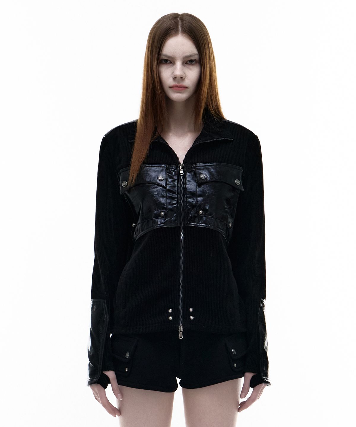 오퍼스 0012(OPUS 0012) Op. 03 COMBAT LEATHER PATCH KNIT-ZIP BLACK