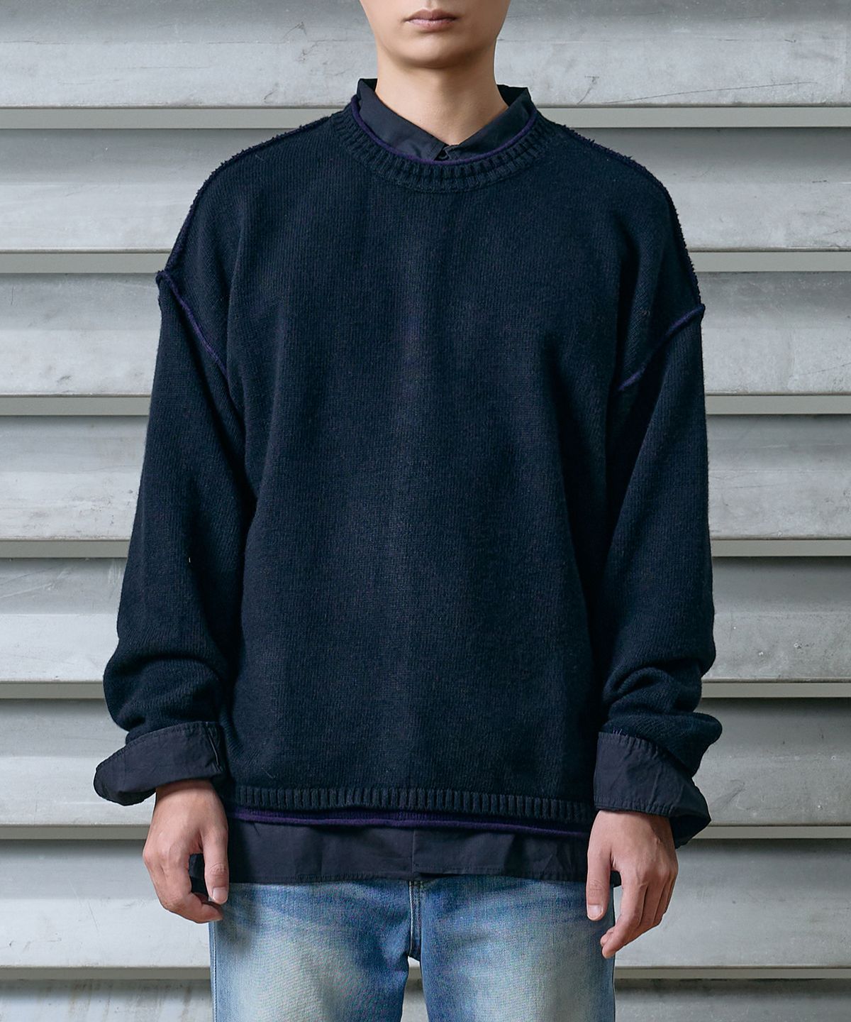 웨스켄(WESKEN) [UNISEX] LAYERED STITCHED CREW NECK KNIT (BLACK)