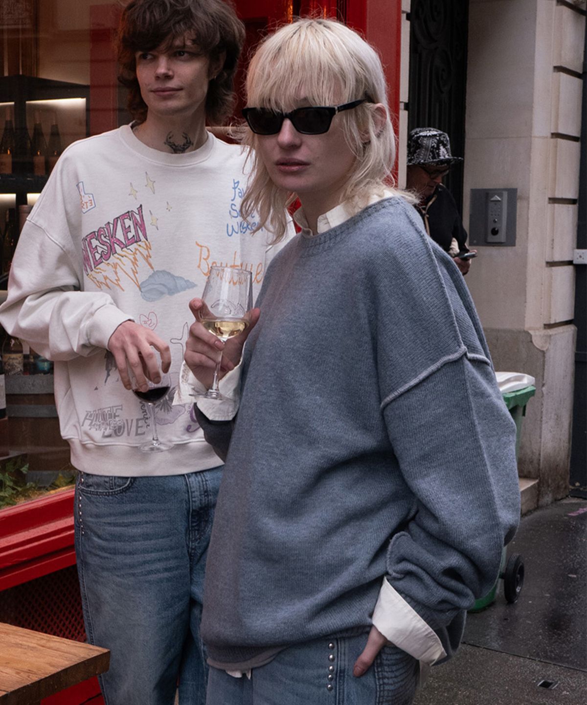 웨스켄(WESKEN) [UNISEX] LAYERED STITCHED CREW NECK KNIT (ASH BLUE)