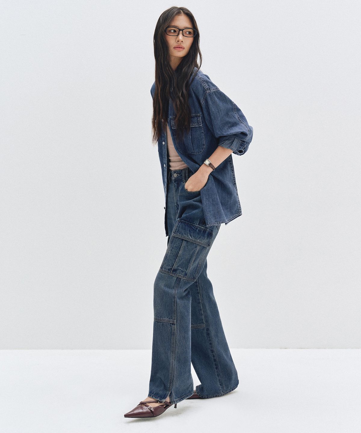 데케트 우먼(DECET WOMEN) Cargo Semi Flared Jeans DCWPT014BLUE
