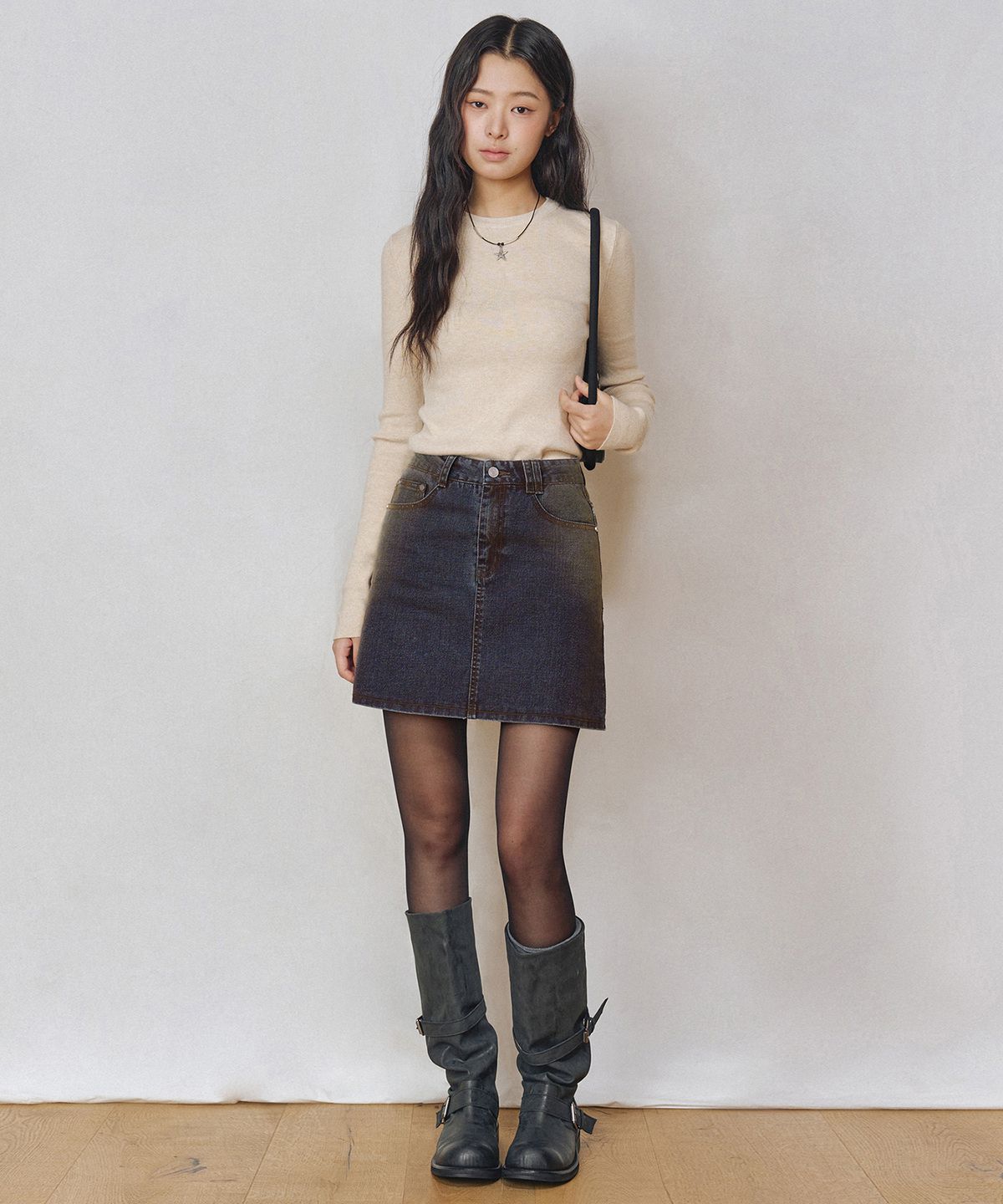 데케트 우먼(DECET WOMEN) [벨벳데님]Velvet Mini Skirt DCSK007RUSTBLUE