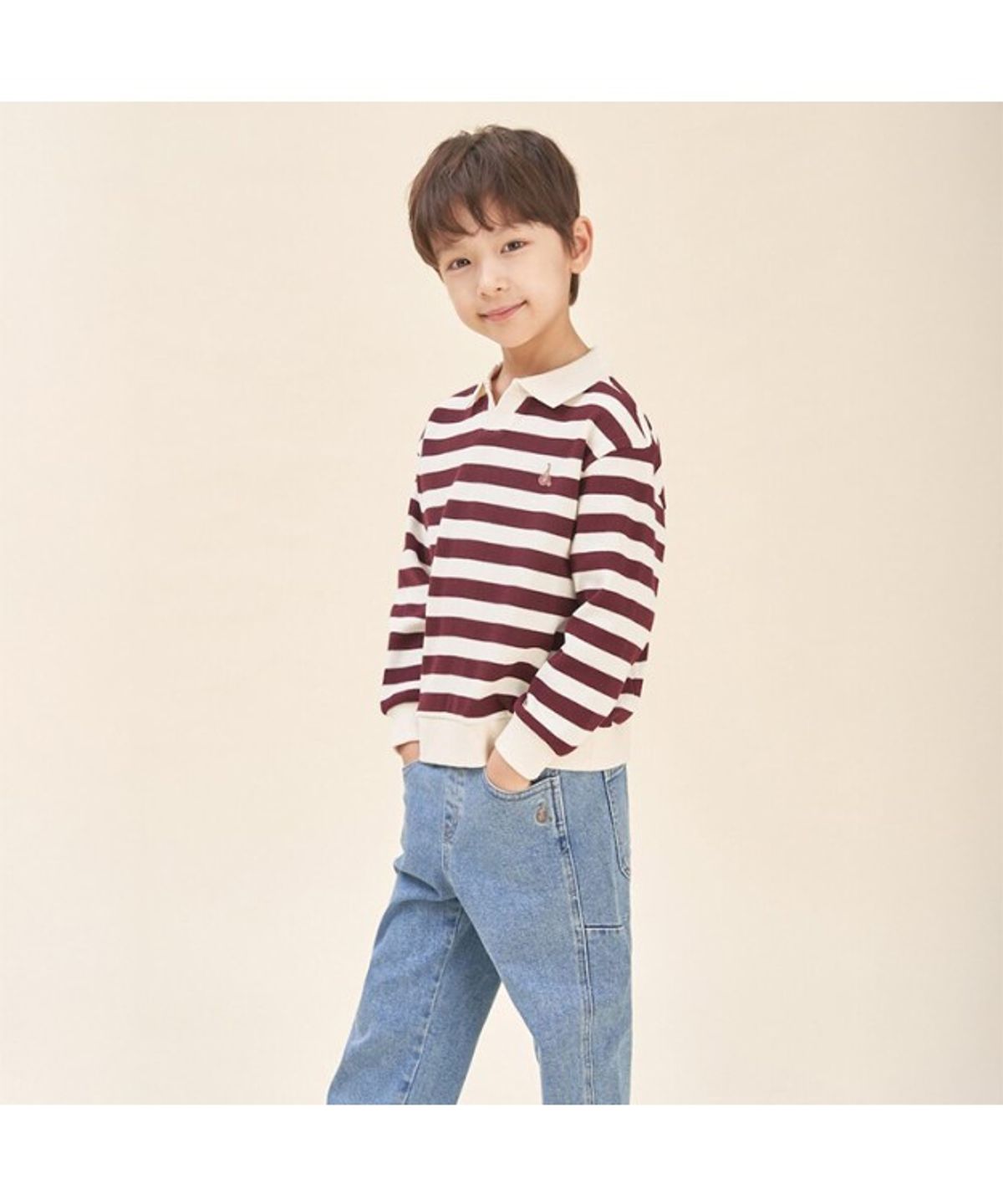 빈폴 키즈(BEANPOLE KIDS) 와플 스트라이프 칼라 스웨트 셔츠  와인 (BI5841U05Z)