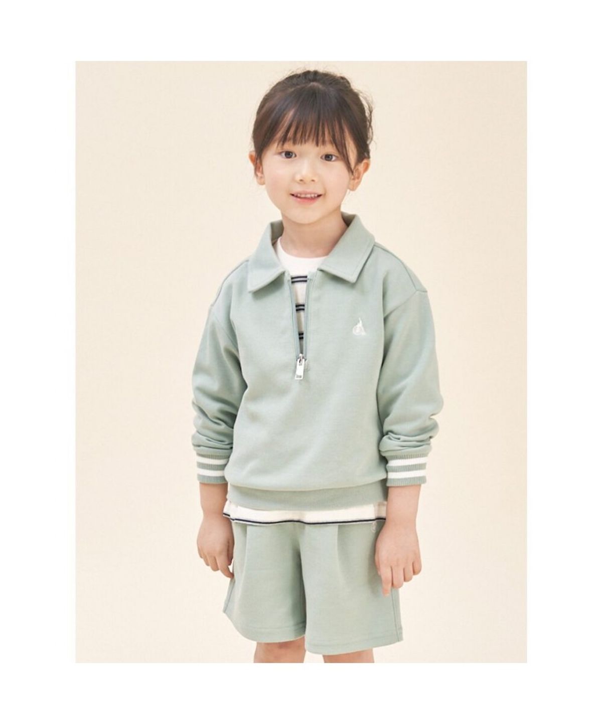 빈폴 키즈(BEANPOLE KIDS) 반집업 칼라 긴팔 & 반바지 2PCS 상하 세트  라이트 그린 (BI5841U09L)