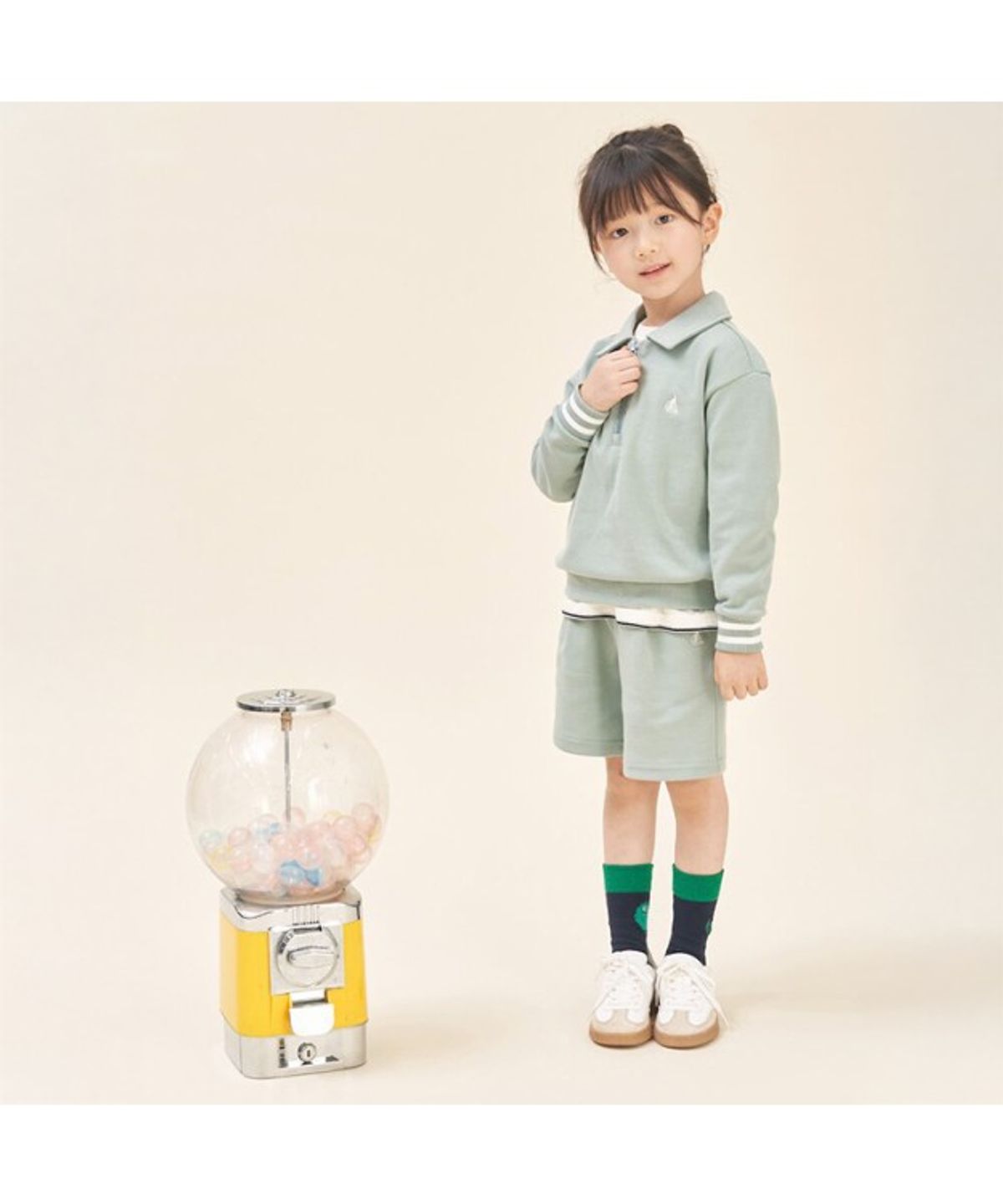 빈폴 키즈(BEANPOLE KIDS) 반집업 칼라 긴팔 & 반바지 2PCS 상하 세트  라이트 그린 (BI5841U09L)