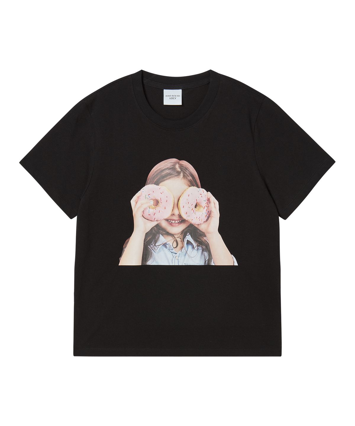 아크메드라비(ACME DE LA VIE) WOMAN ADLV BABY FACE DONUT 3 SLEEVE T-SHIRT BLACK