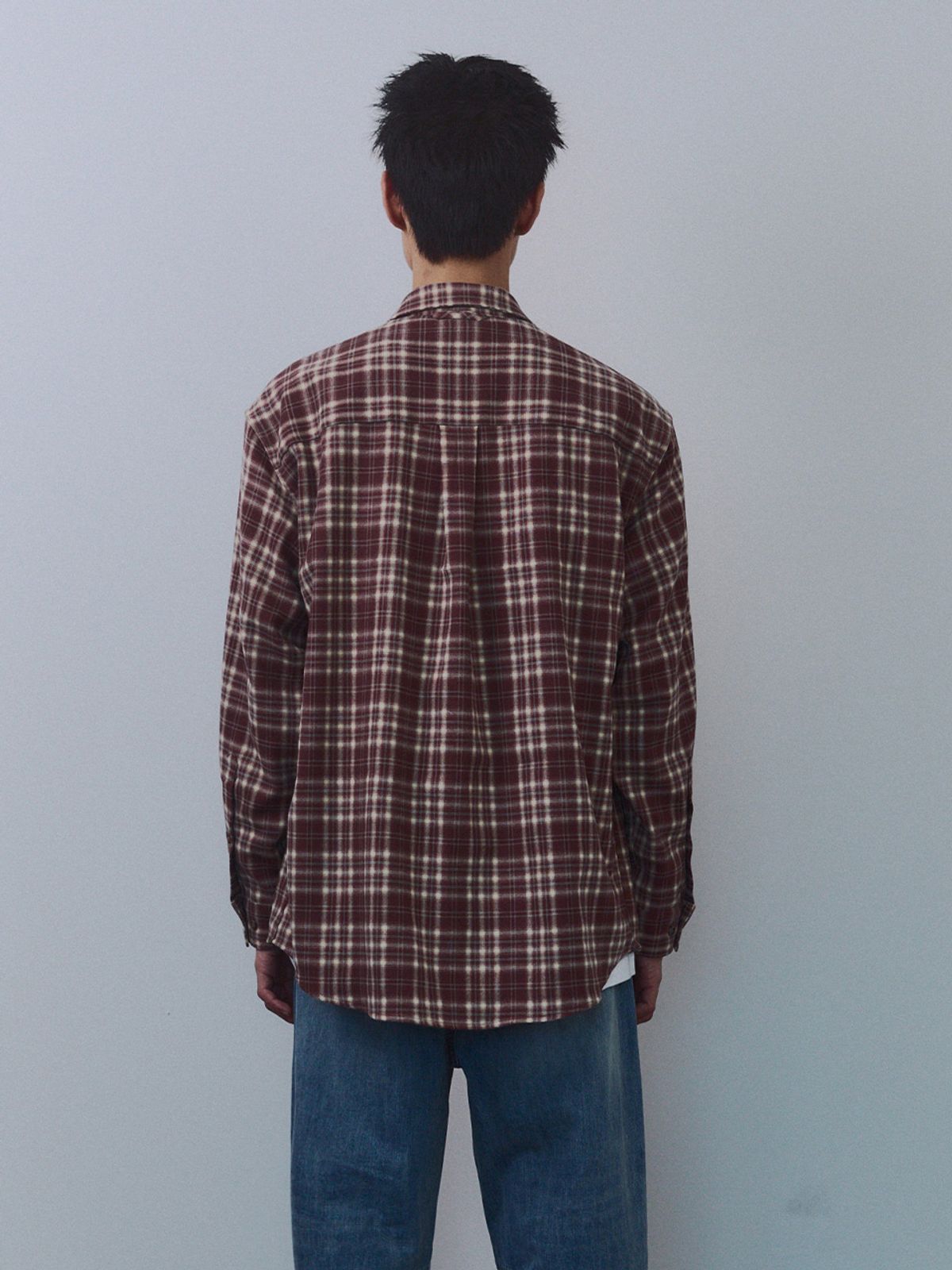 기준 맨(KIJUN MEN) Rustic Flannel Check Shirt Red Brown