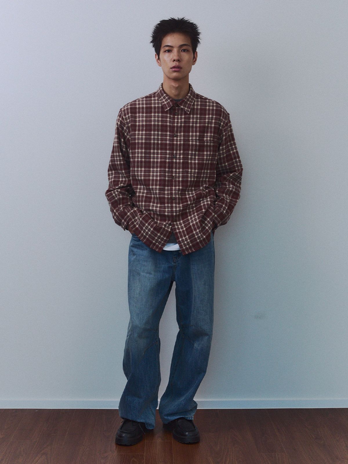 기준 맨(KIJUN MEN) Rustic Flannel Check Shirt Red Brown