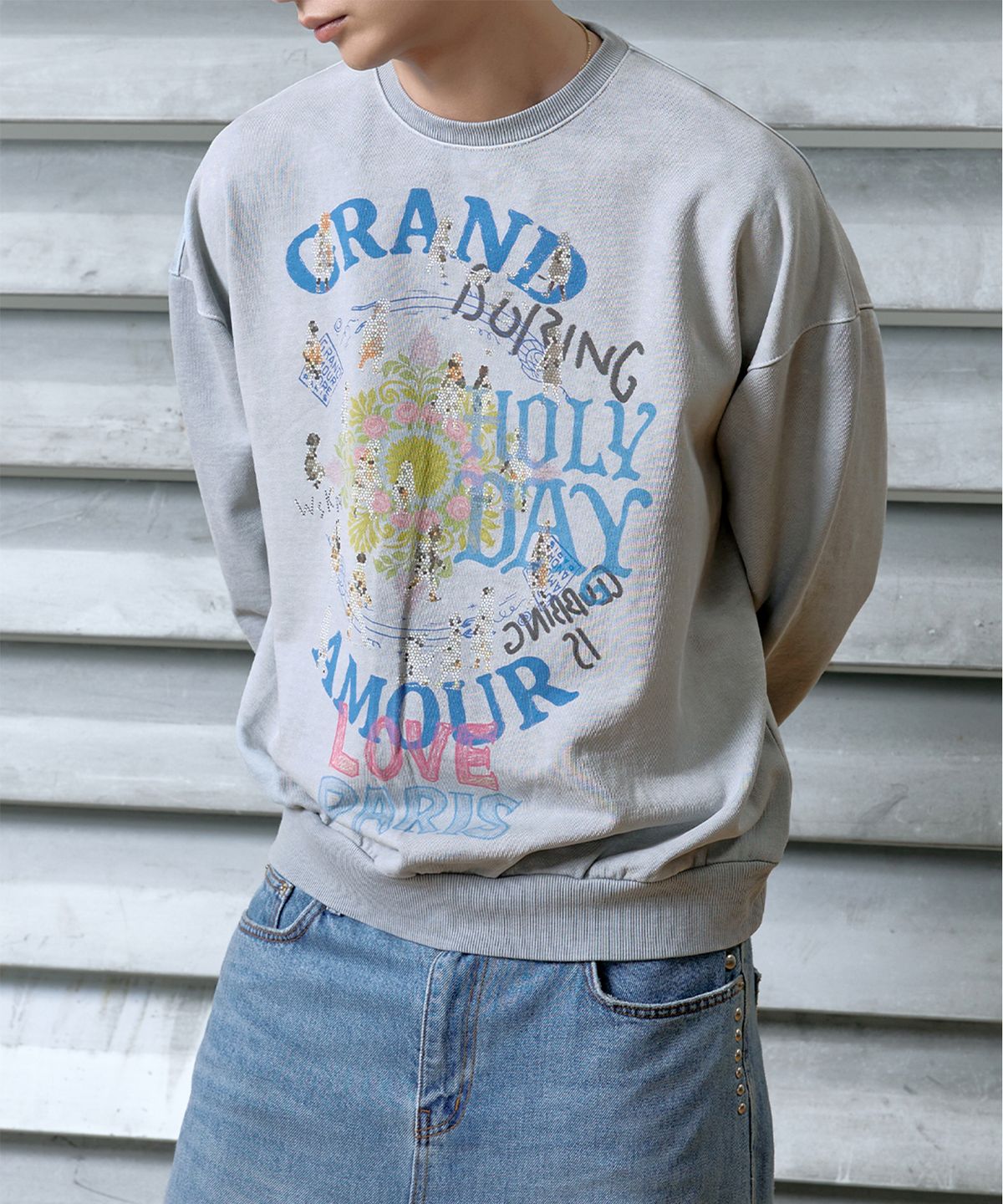 웨스켄(WESKEN) [UNISEX] OVERSIZED PARIS AMOUR SWEAT SHIRT (GREY)