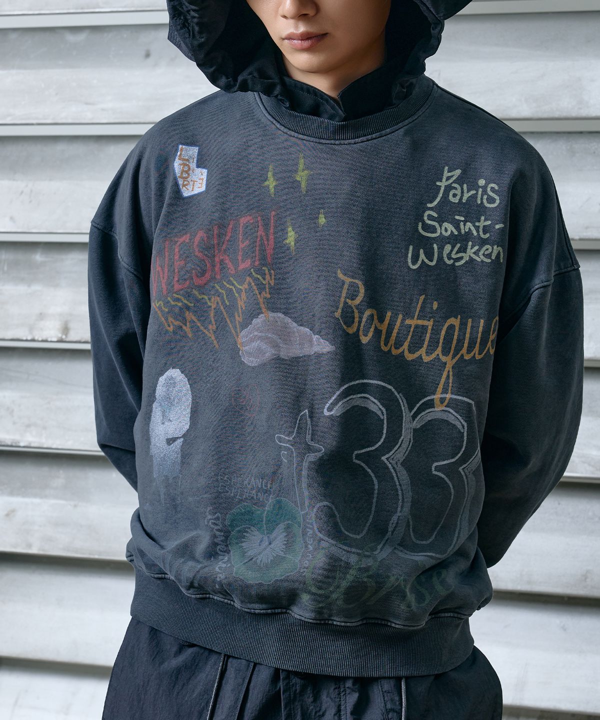 웨스켄(WESKEN) [UNISEX] OVERSIZED LIFE IN PARIS SWEAT SHIRT (CHARCOAL)