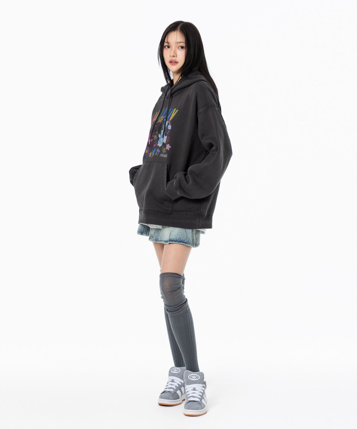 모즈모즈(MOZMOZ) 러브펫 테리 기모 피그먼트 오버핏 후드 챠콜