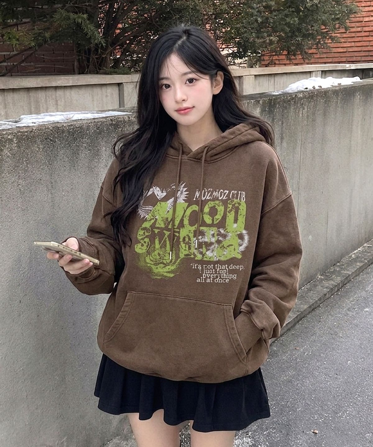 모즈모즈(MOZMOZ) 무드스윙 테리 기모 피그먼트 오버핏 후드 브라운
