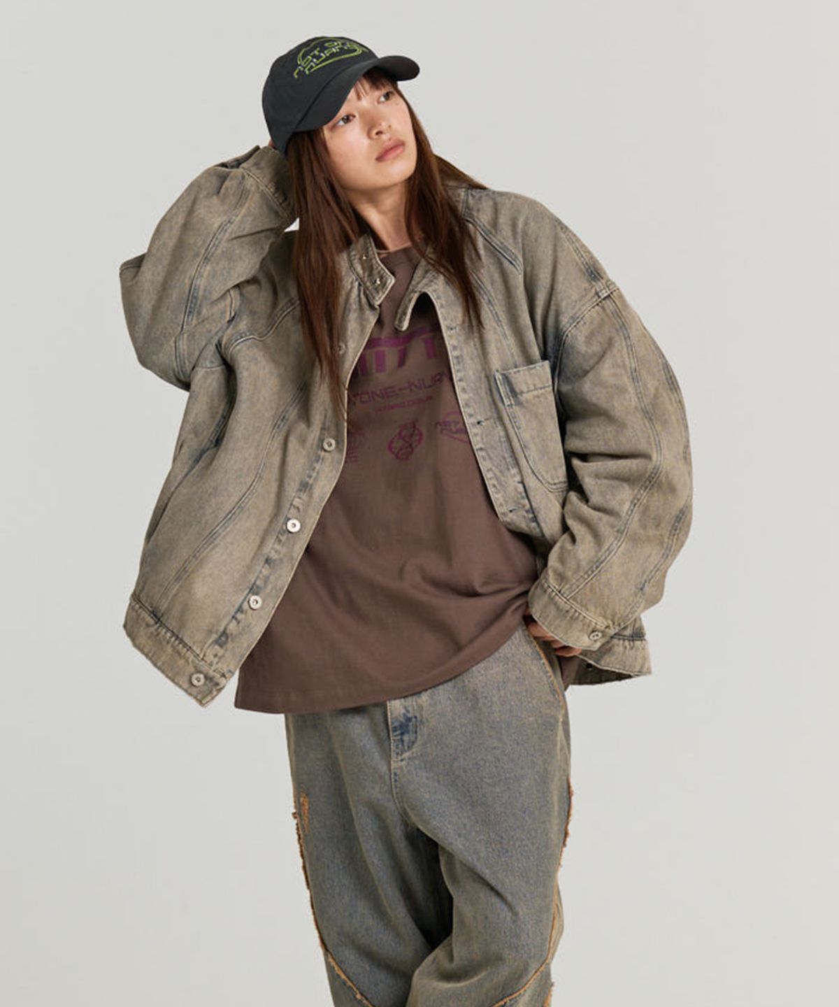 논타입(NONTYPE) ROUNDED DENIM BIKER JACKET (VINTAGE BLUE)