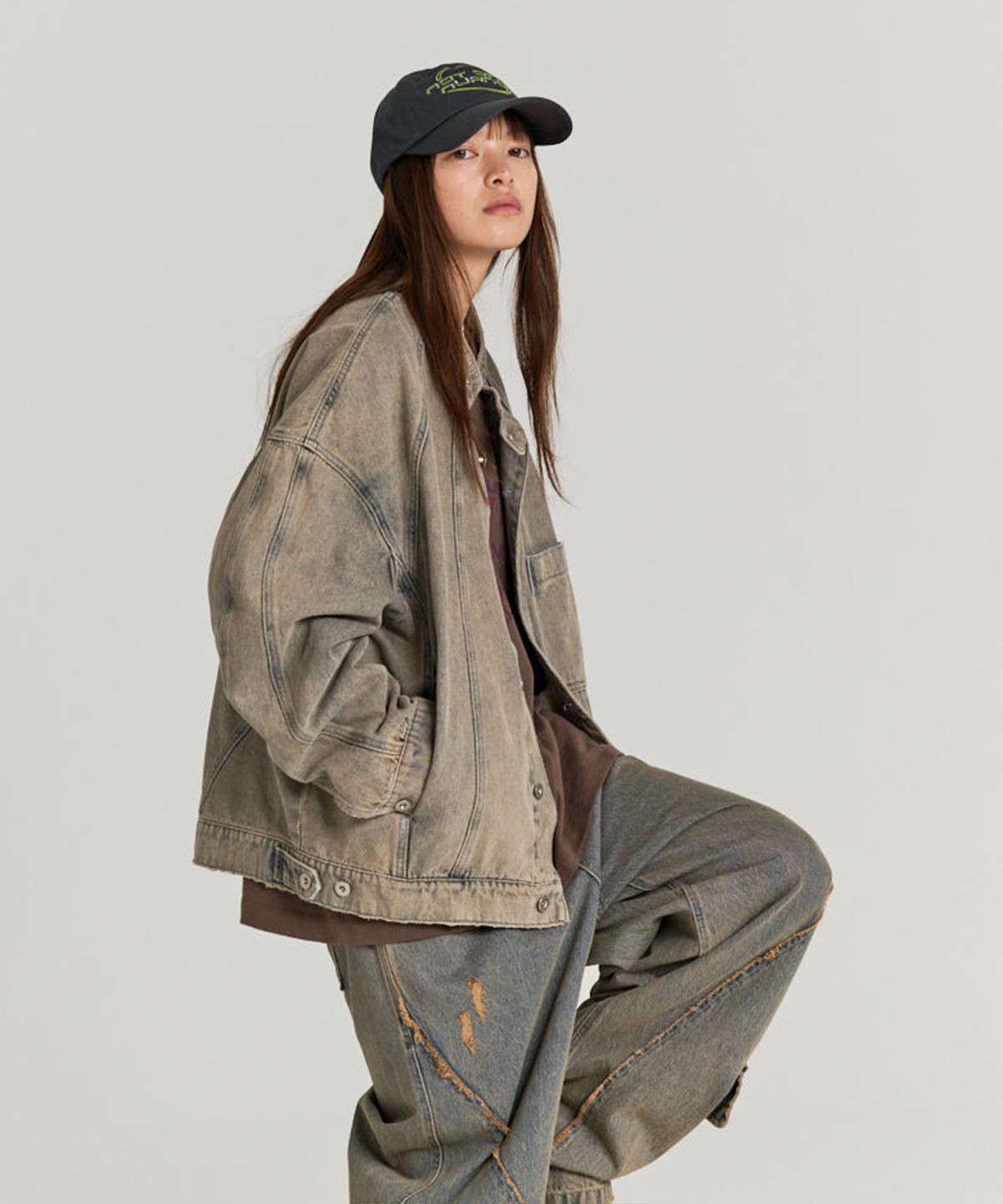 논타입(NONTYPE) ROUNDED DENIM BIKER JACKET (VINTAGE BLUE)