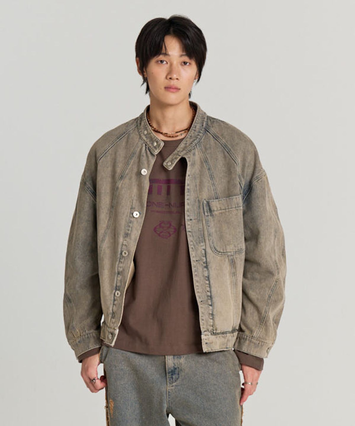 논타입(NONTYPE) ROUNDED DENIM BIKER JACKET (VINTAGE BLUE)