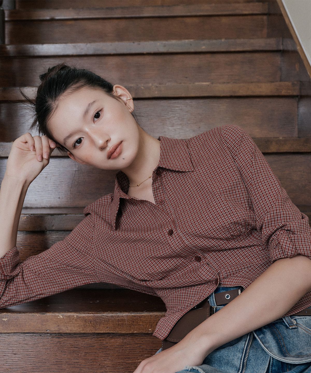 미쏘(MIXXO) 슬림핏 체크 셔츠_MIWYWF907G