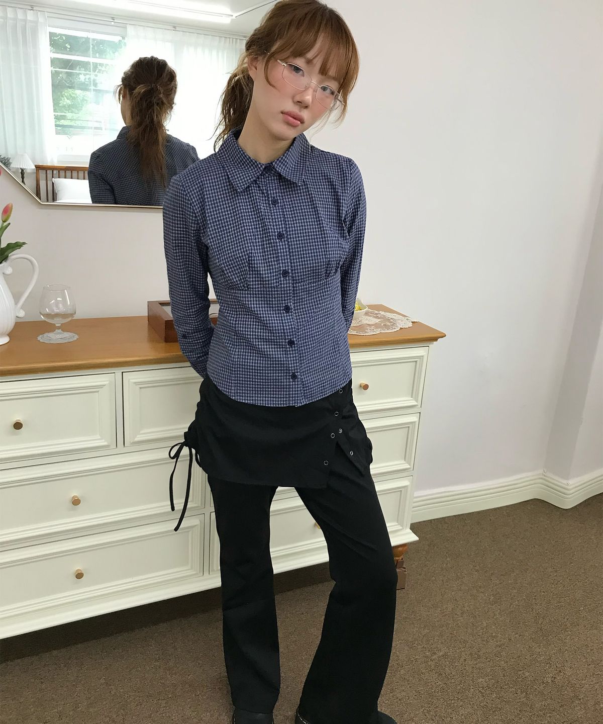 미쏘(MIXXO) 슬림핏 체크 셔츠_MIWYWF907G