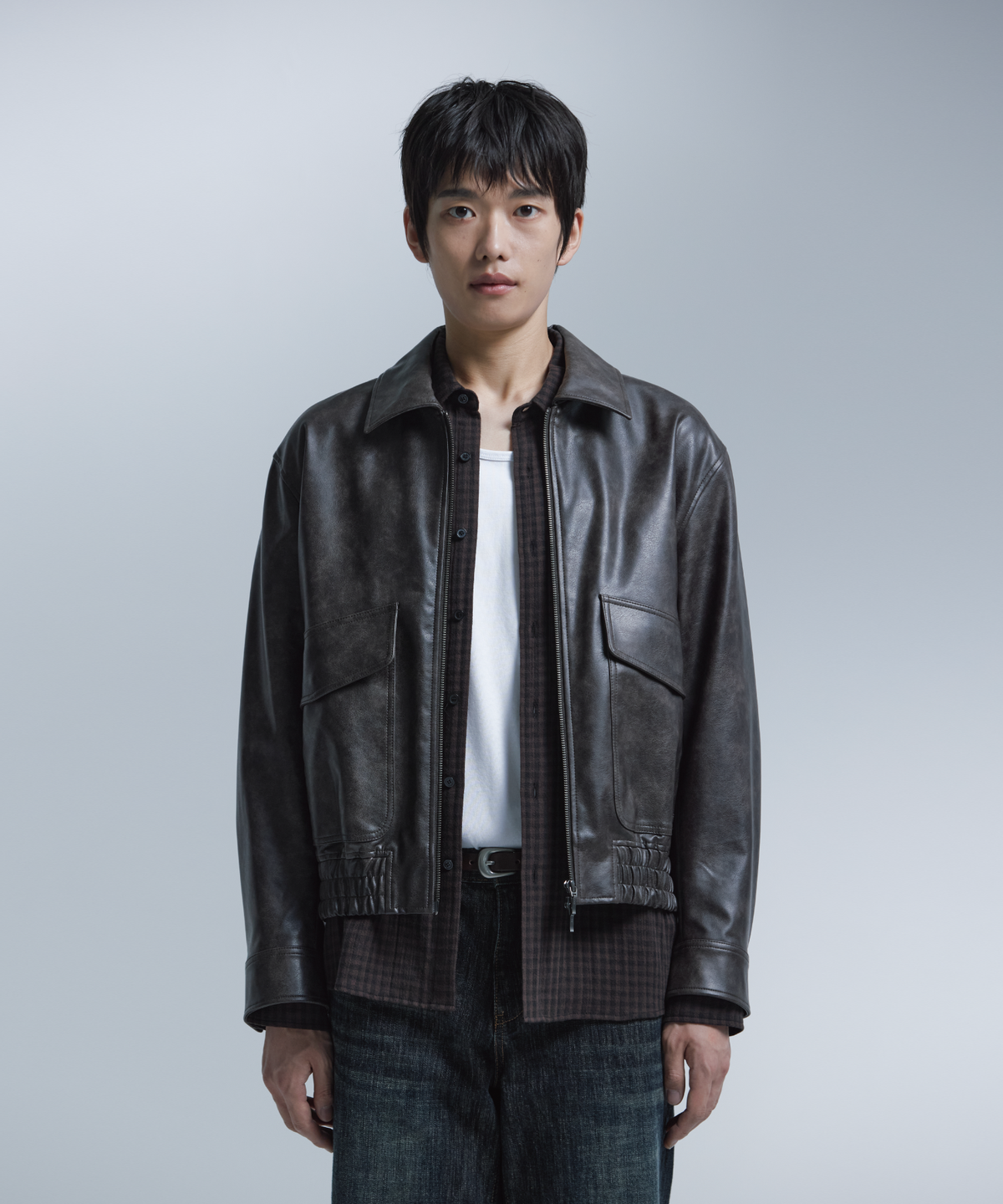 넌블랭크(NONBLANK) 비건 레더 블루종_DARK BROWN