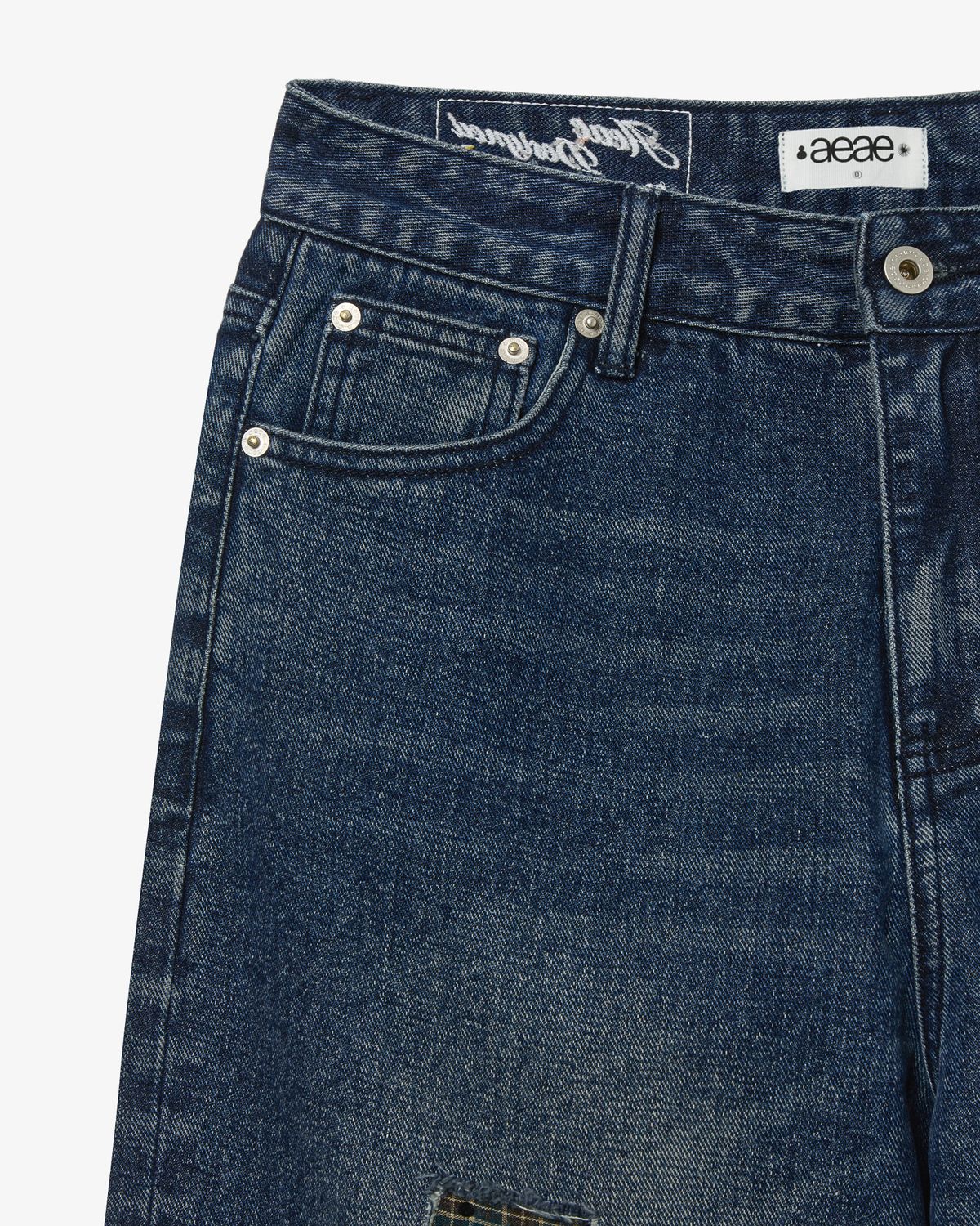 에이이에이이(AEAE) CHECK PATCHWORK DENIM PANTS [ASH BLUE]