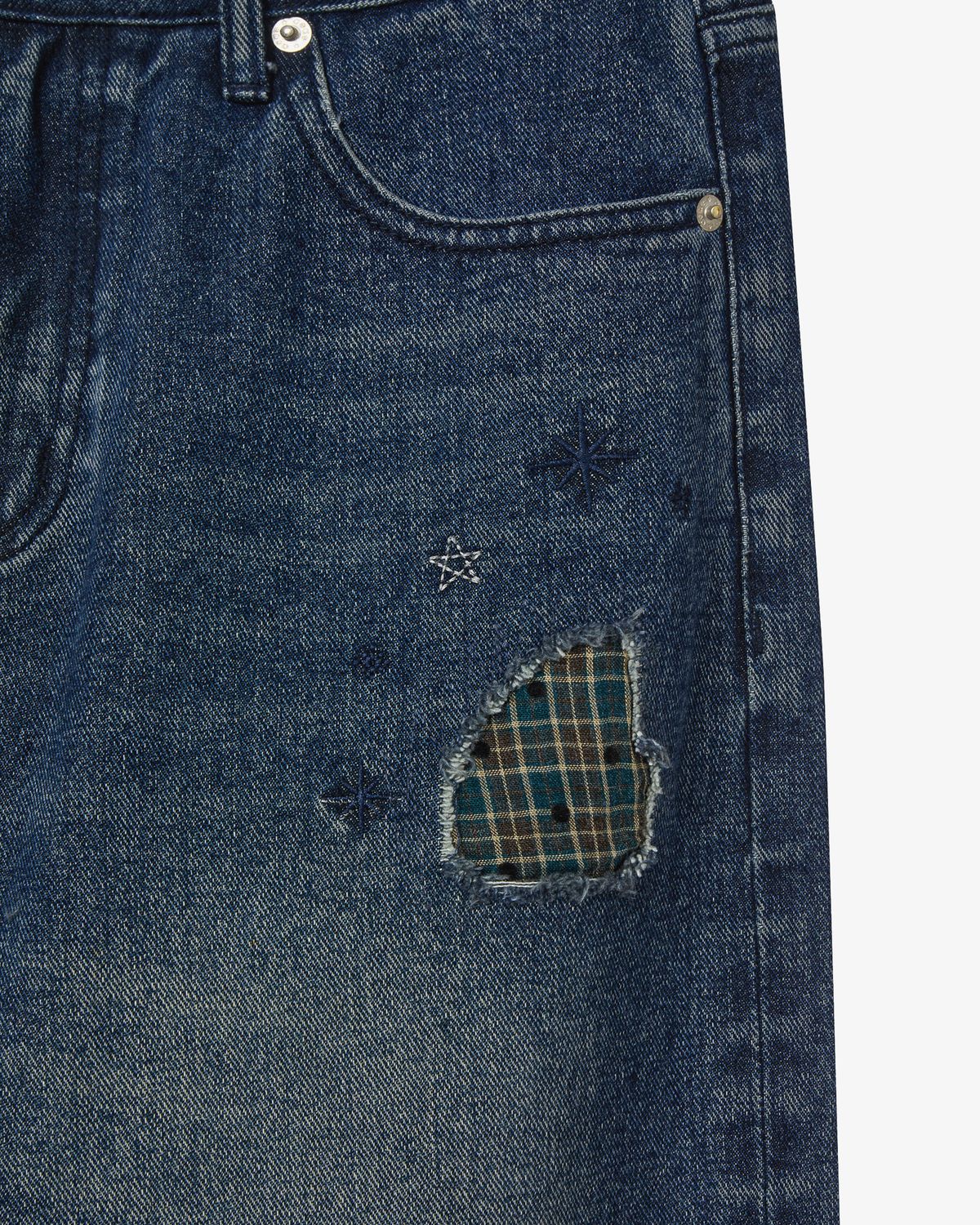 에이이에이이(AEAE) CHECK PATCHWORK DENIM PANTS [ASH BLUE]