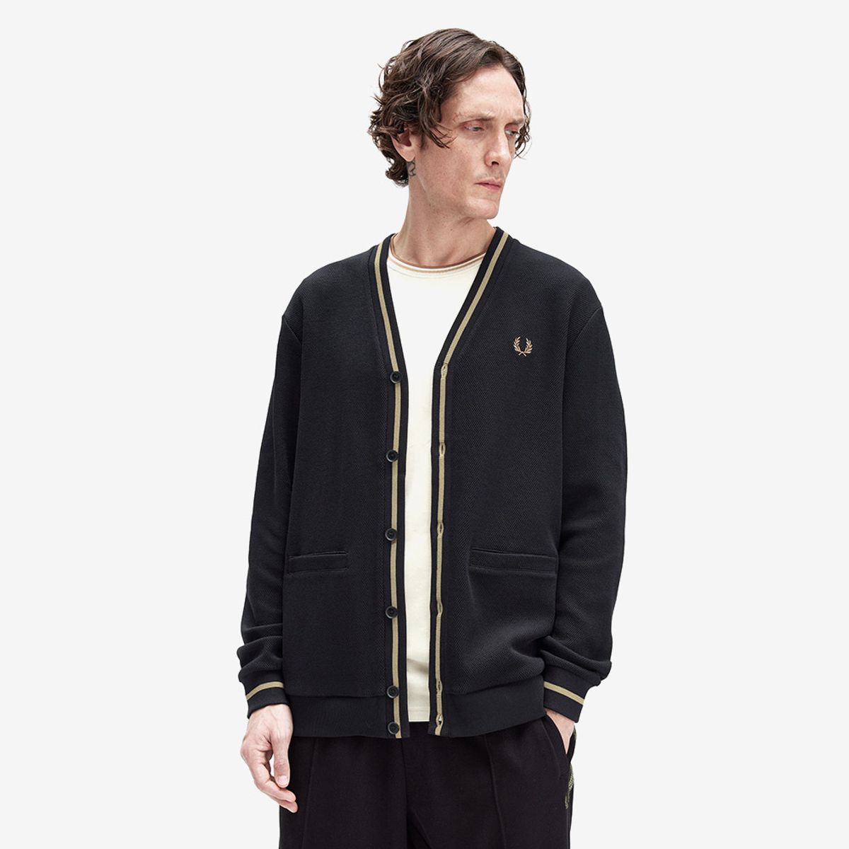 프레드페리(FRED PERRY) [Sharp] 팁 피케 텍스쳐 가디건 - 블랙/쉐이디드 스톤 AFPM2532654-Q27