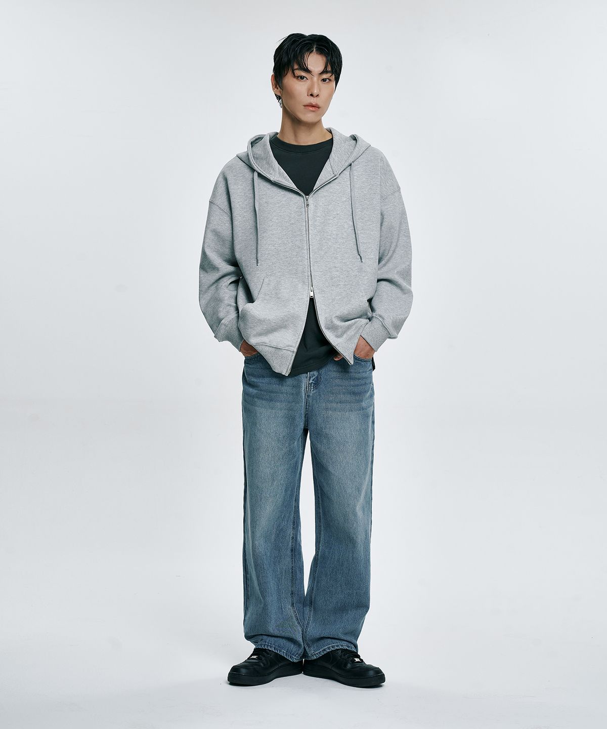 아테즈(ATEZ) 에센셜 오버핏 스웨트 후드 집업 [그레이]