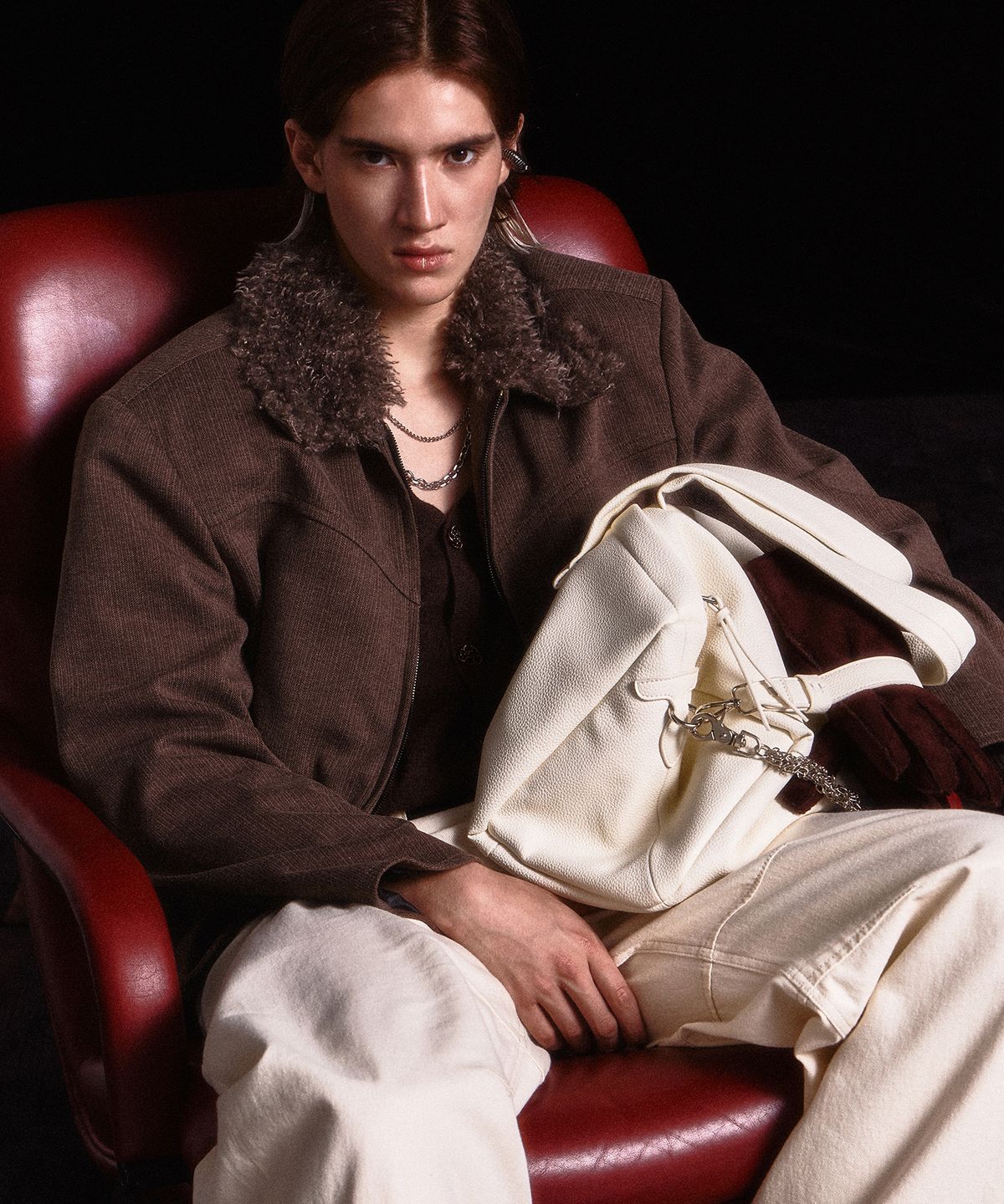웨슬리 휴스턴(WESLEYHYUSTON) Dust line fur collar herringbone jacket brown