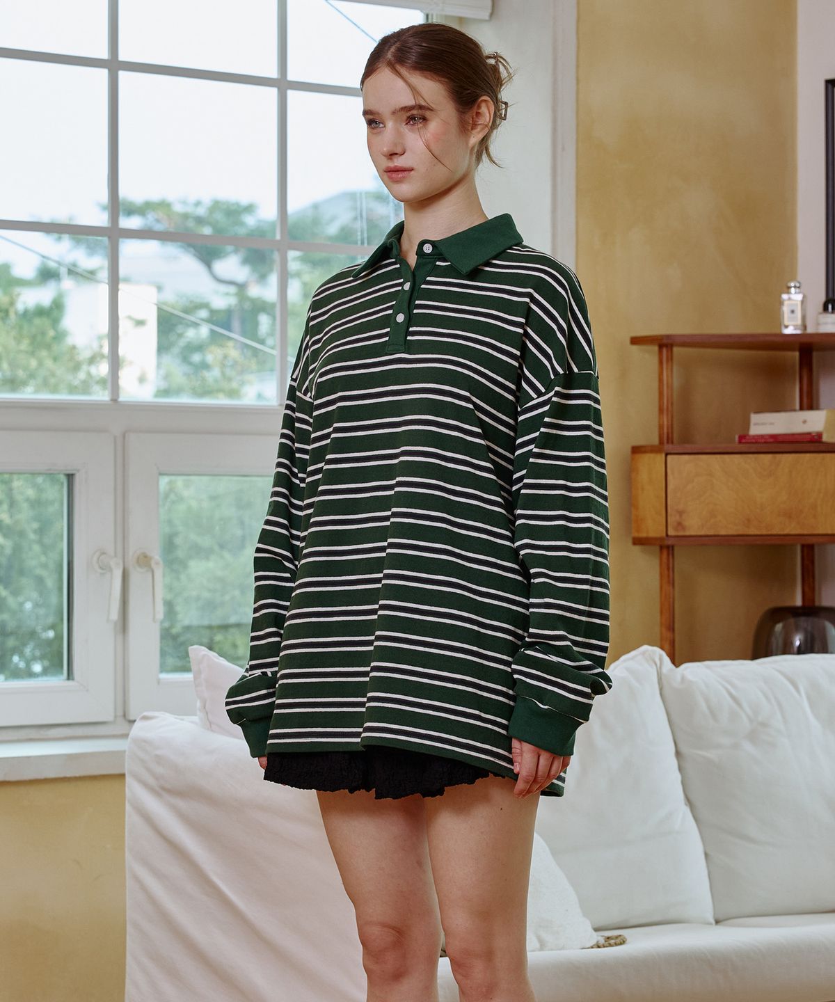 아리킴(ARIKIM) ARETE STRIPE OVERFIT COLLAR T-SHIRT / GREEN