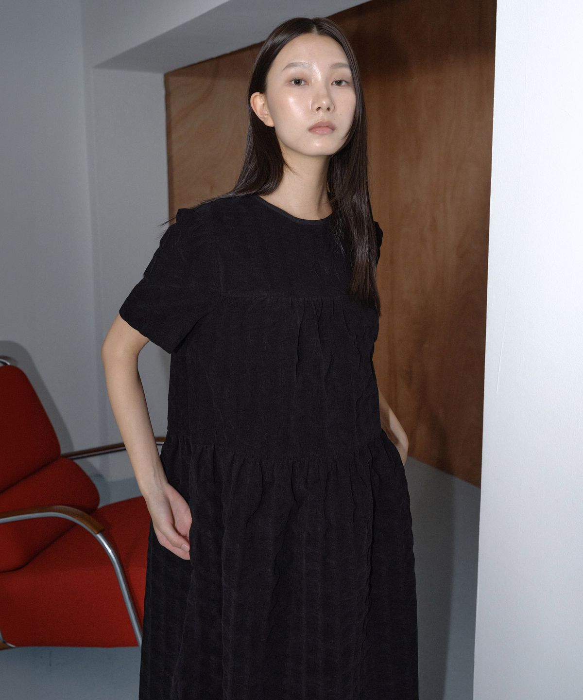 마이스(MAIS) CORDUROY HALF SLEEVE LONG DRESS / BLACK