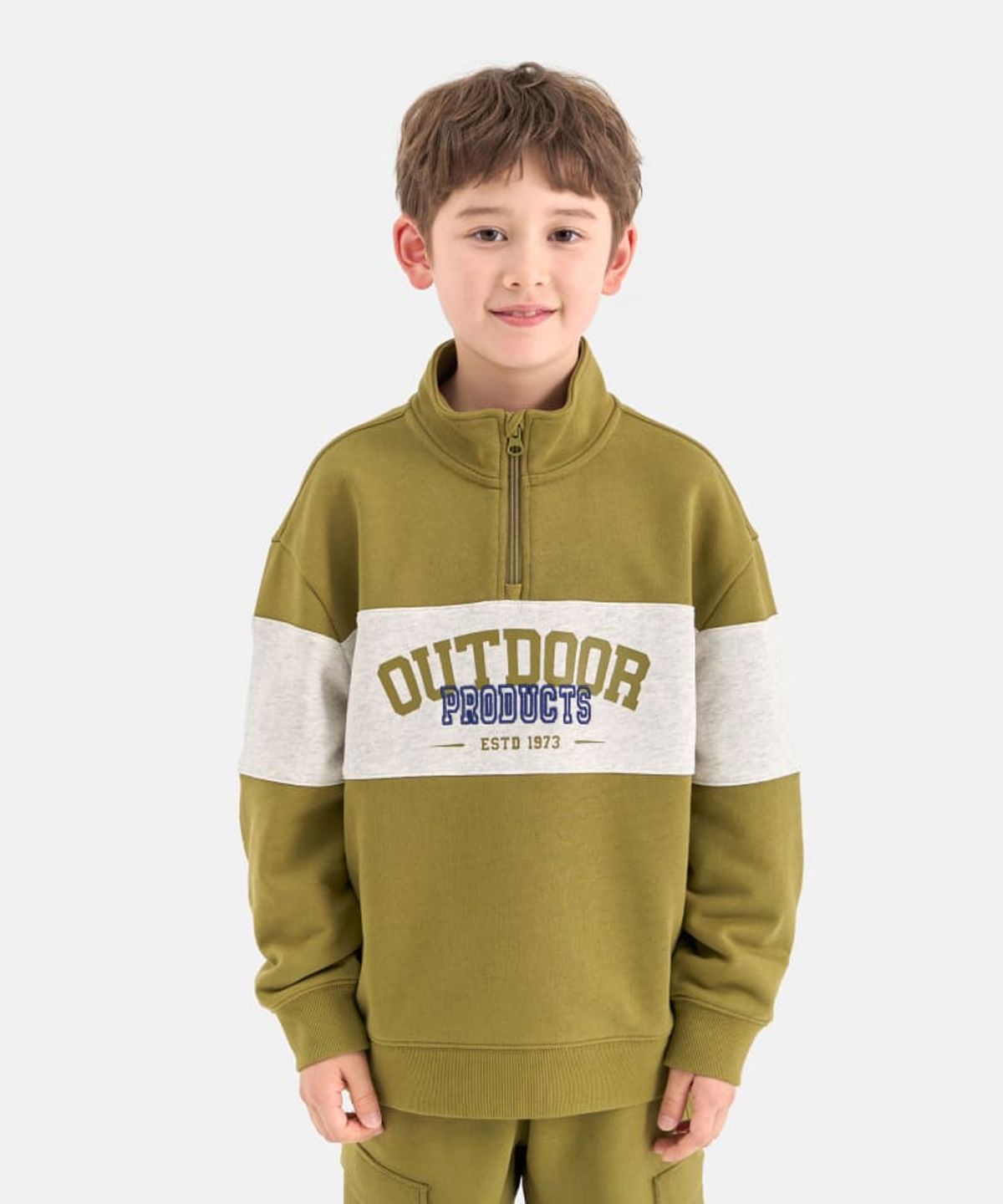 아웃도어 프로덕츠 키즈(OUTDOOR PRODUCTS KIDS) 컬러블록 반집업 맨투맨 (카키) OD253IZM13_KHA