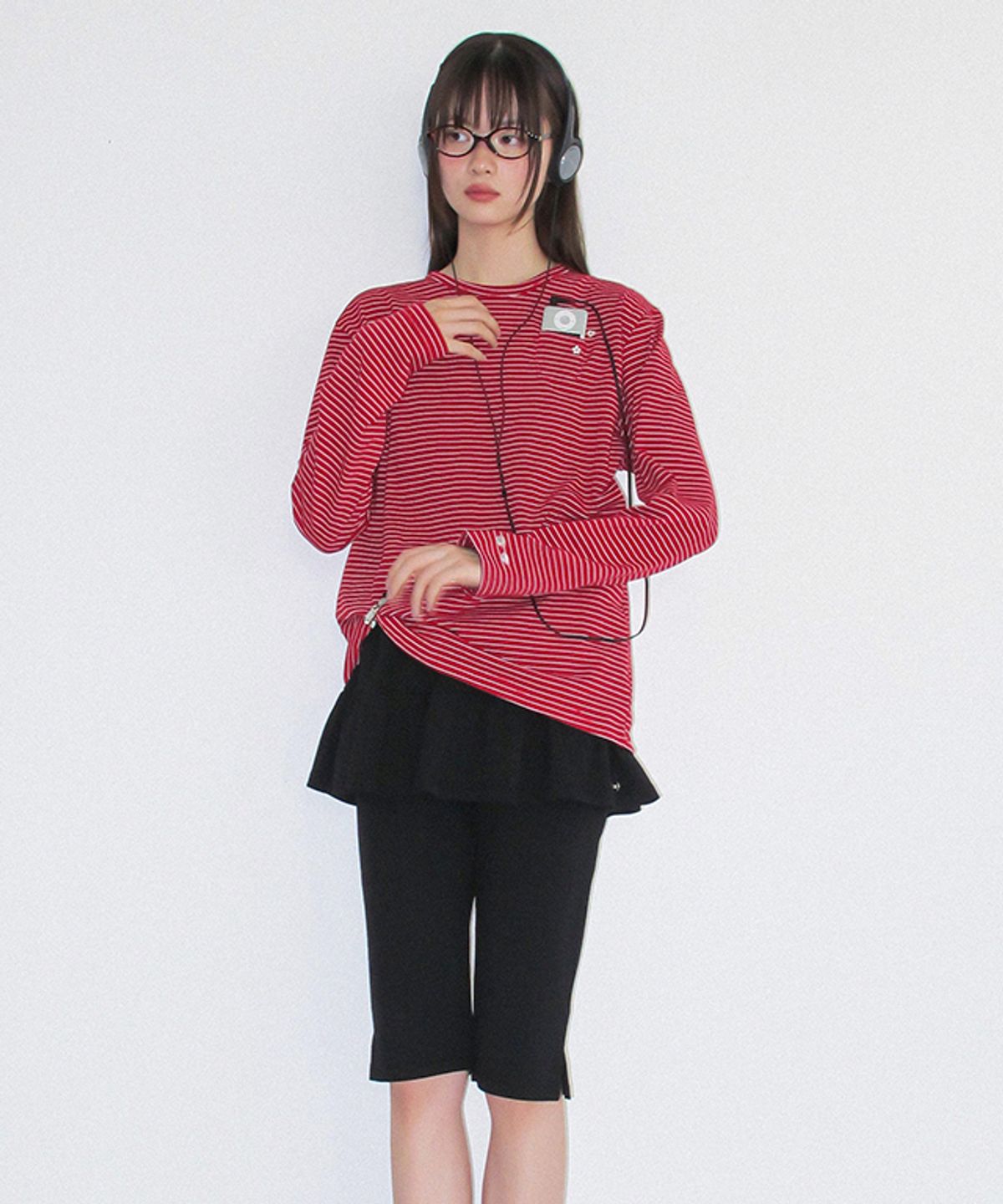 론론(RONRON) BUTTON MINI POCKET STRIPE LONG SLEEVE RED
