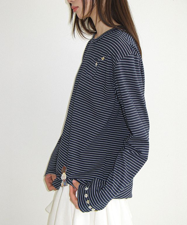 MUSINSA公式 | RONRON BUTTON MINI POCKET STRIPE LONG SLEEVE NAVY