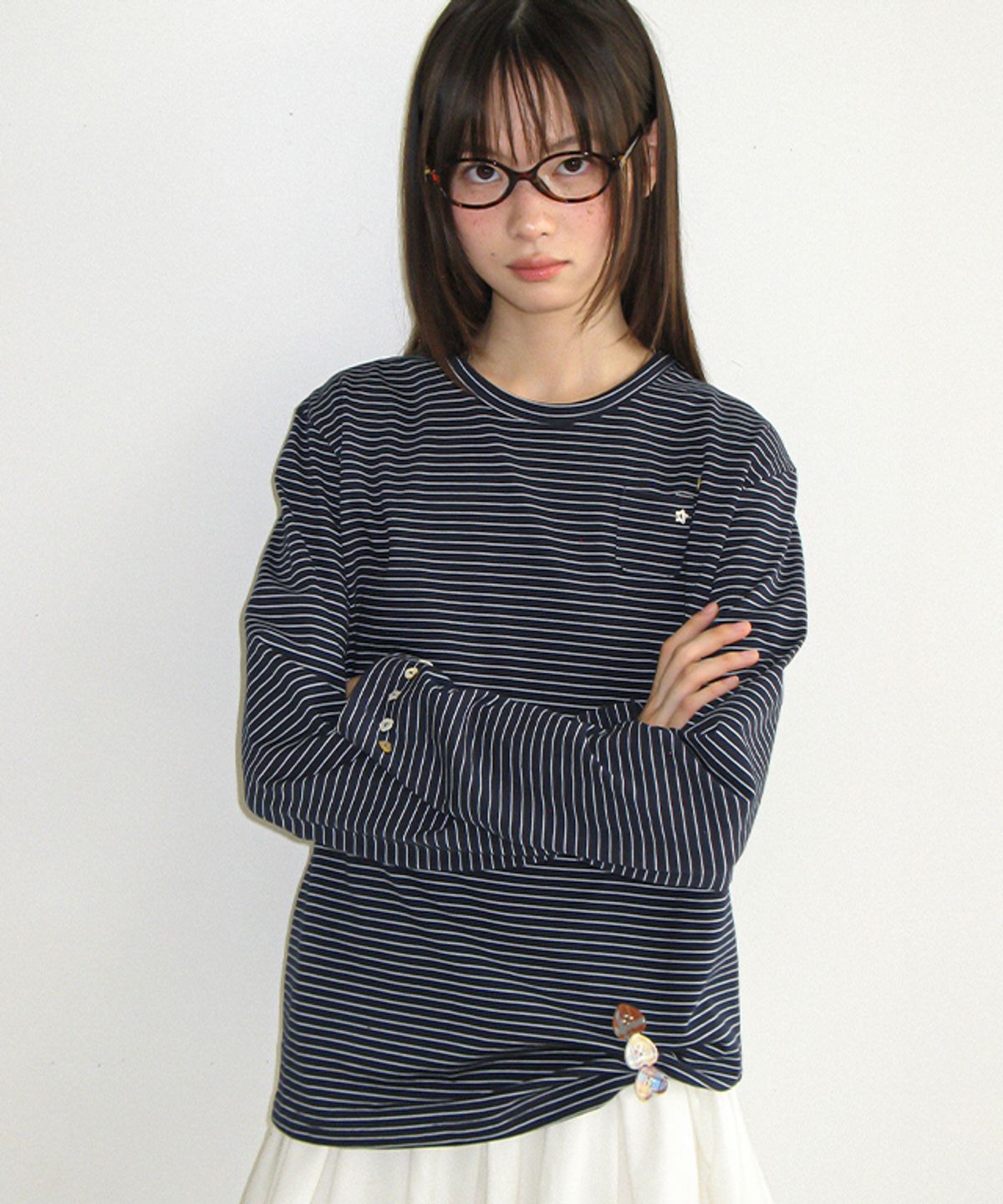 론론(RONRON) BUTTON MINI POCKET STRIPE LONG SLEEVE NAVY