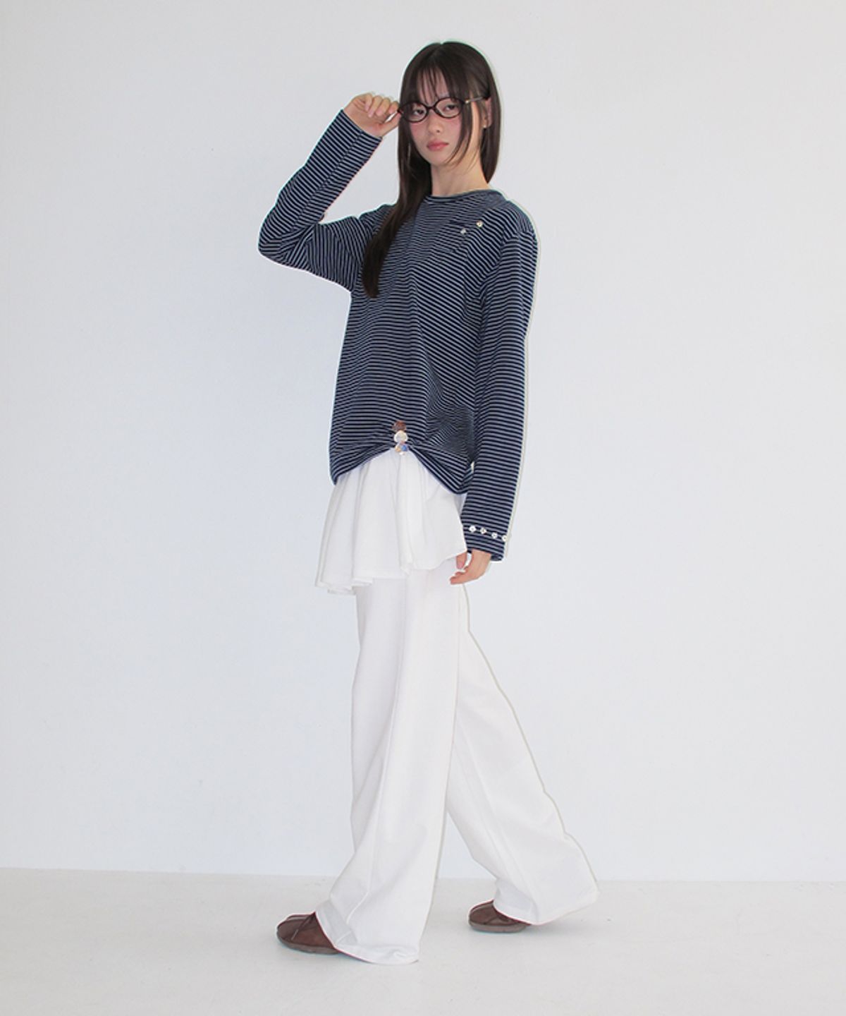론론(RONRON) BUTTON MINI POCKET STRIPE LONG SLEEVE NAVY