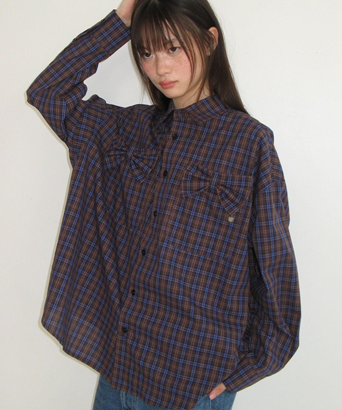 론론(RONRON) RIBBON 2 POCKET LOOSE FIT CHECK SHIRT BLUE BROWN