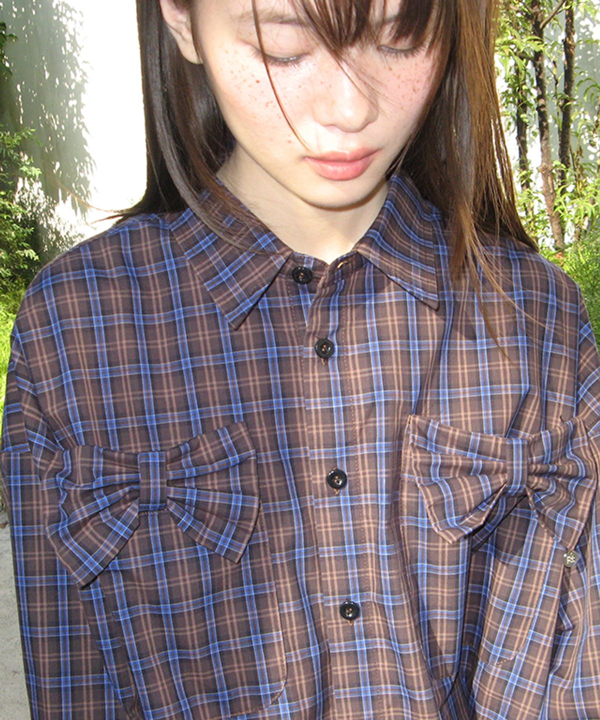 론론(RONRON) RIBBON 2 POCKET LOOSE FIT CHECK SHIRT BLUE BROWN