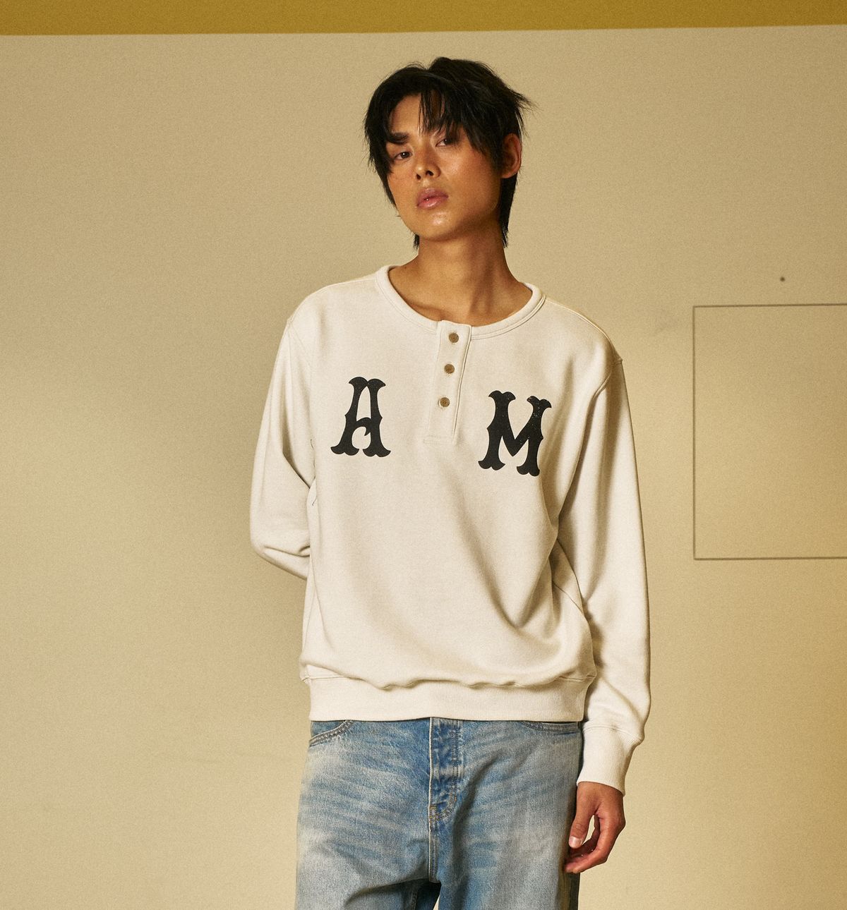 아모우(AMOU) A.M Henley Neck Sweat Shirts GRAY