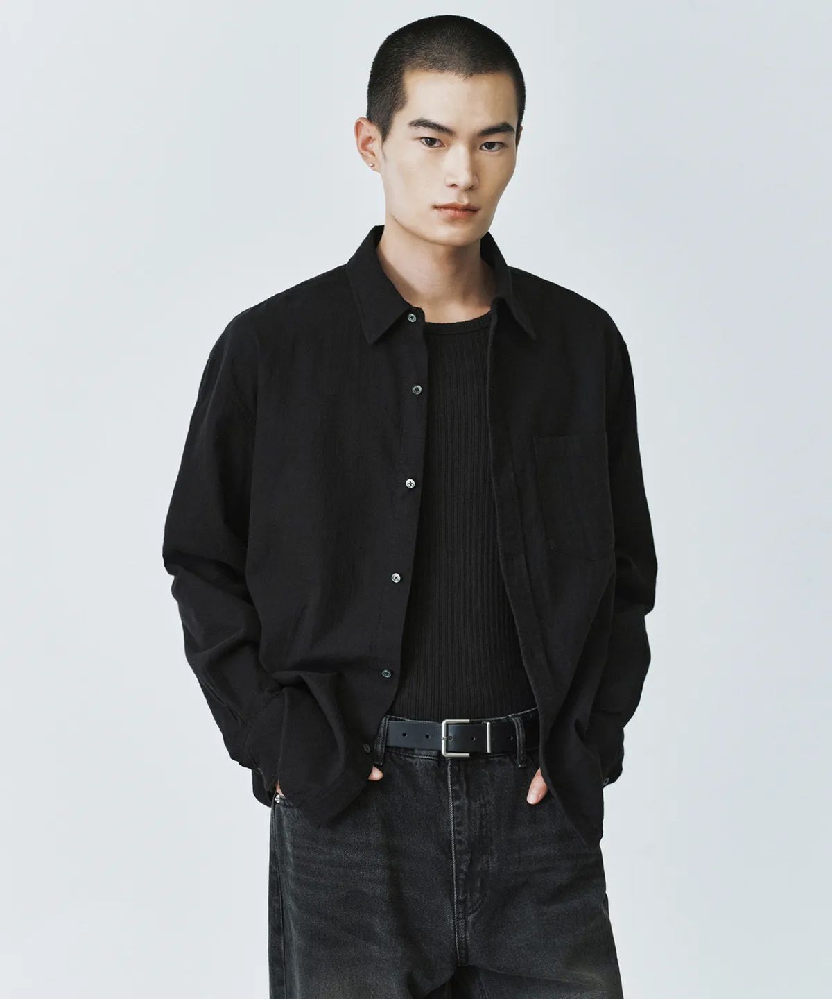 브랜디드(BRANDED) PINTER CROP GAUZE SHIRT [BLACK]