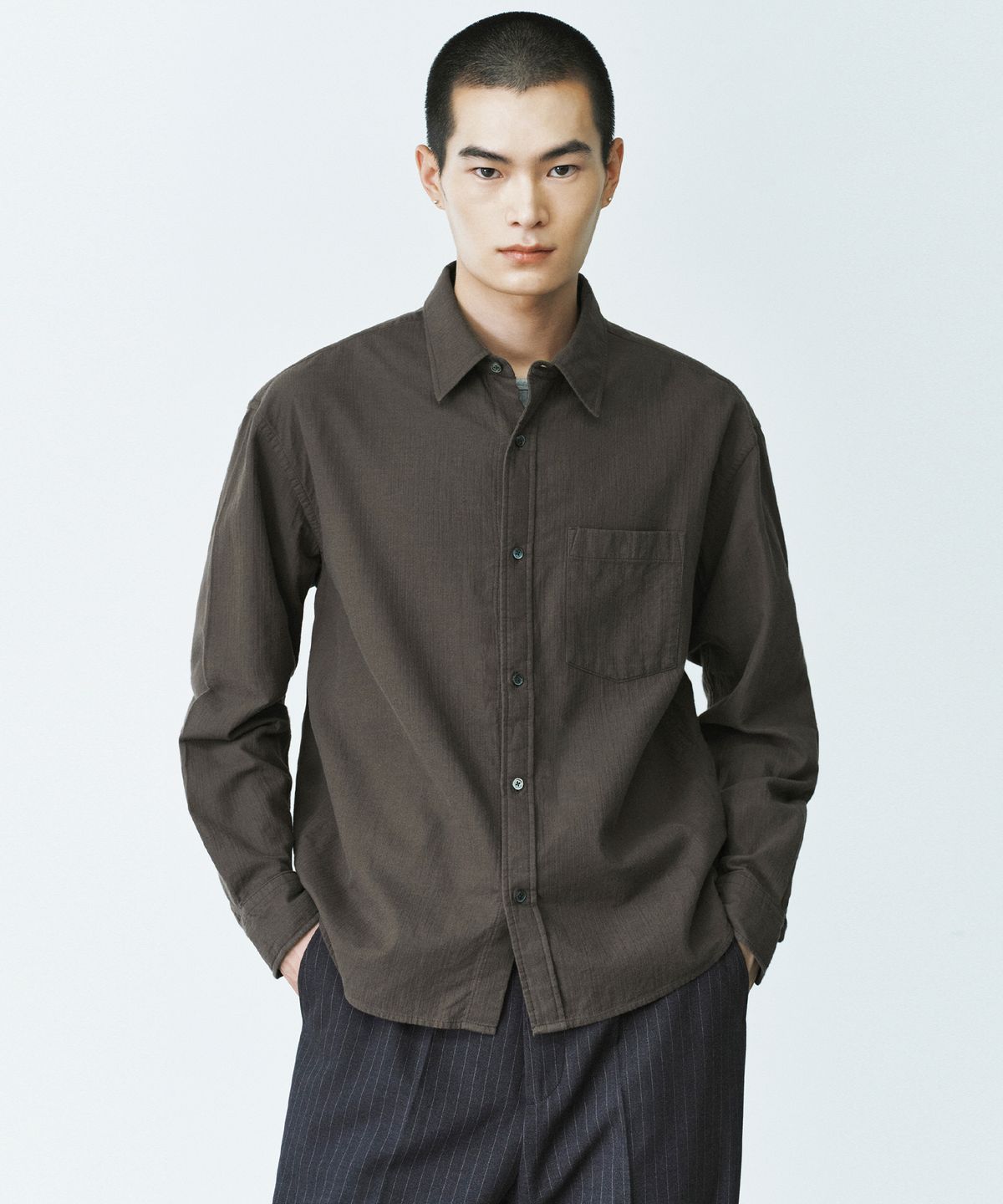 브랜디드(BRANDED) PINTER CROP GAUZE SHIRT [BROWN]