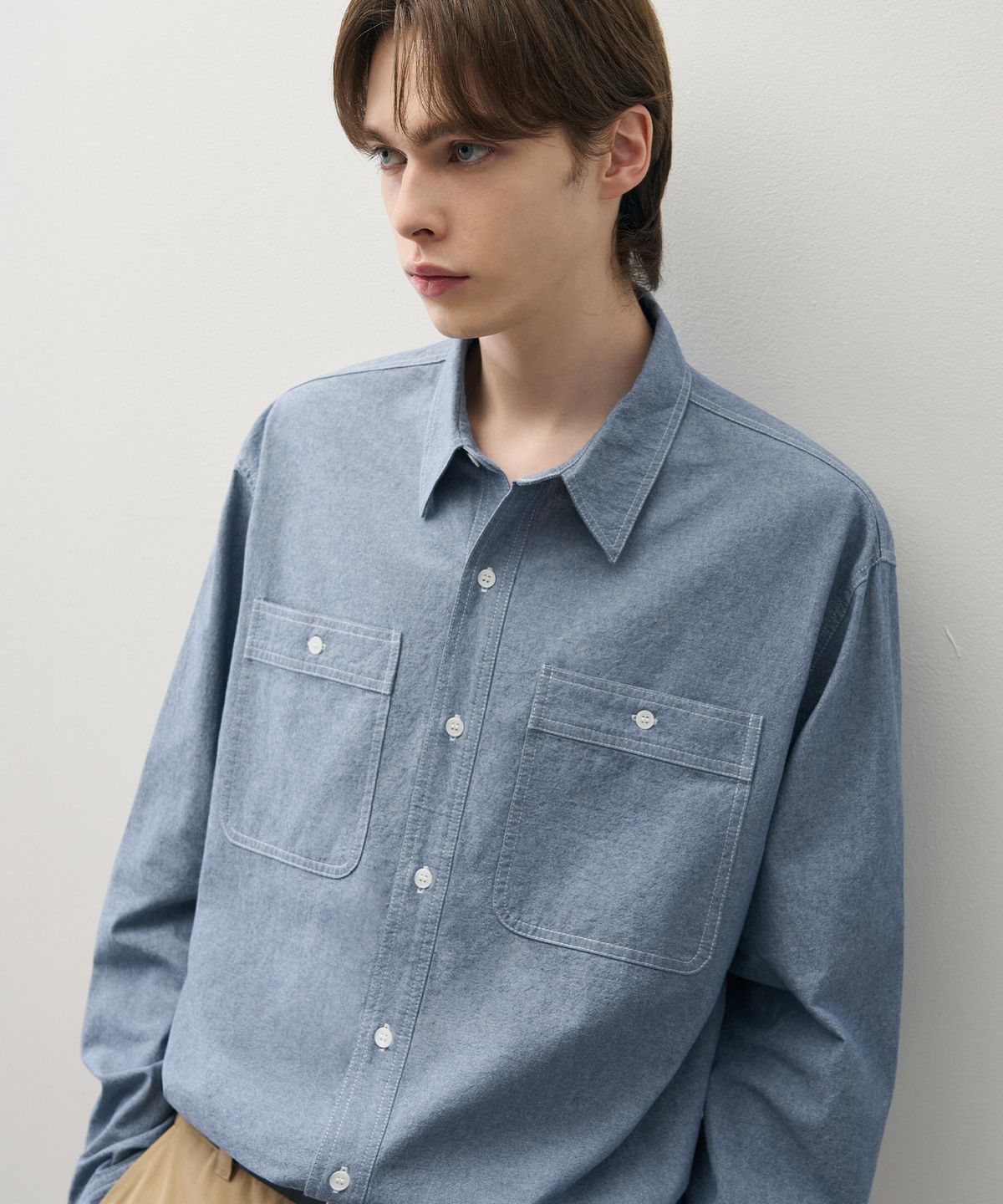 드로우핏(DRAW FIT) 워시드 코튼 샴브레이 워크 셔츠 [BLUE]