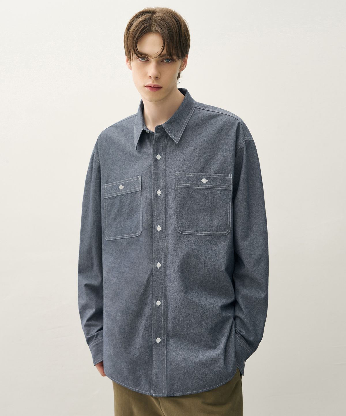 드로우핏(DRAW FIT) 워시드 코튼 샴브레이 워크 셔츠 [INDIGO]