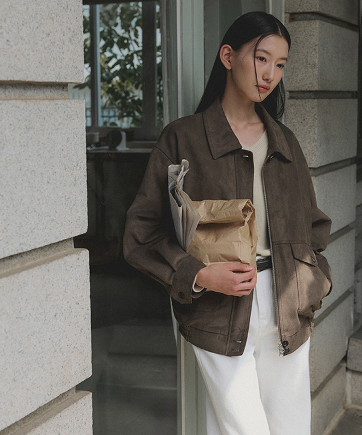 링서울(LINGSEOUL) oversized suede blouson-khaki brown