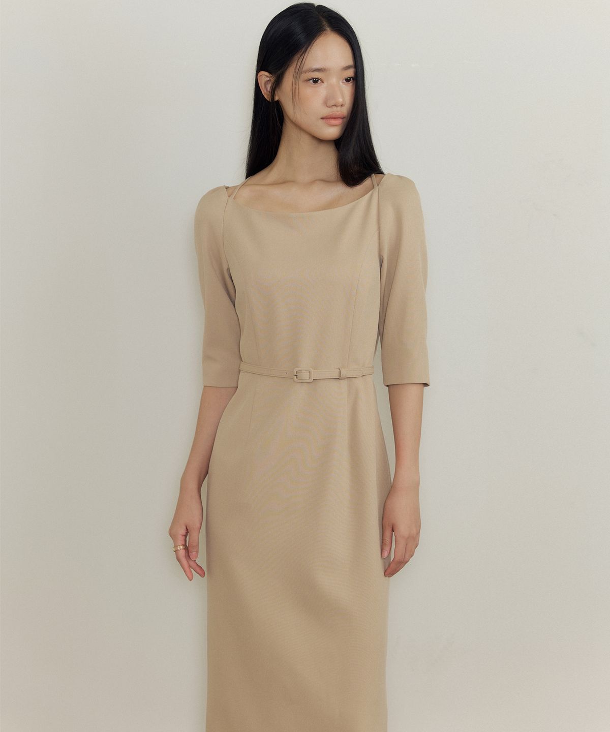 루시르주(LUCIR ZU) Thalia Belted Boatneck Dress (beige)